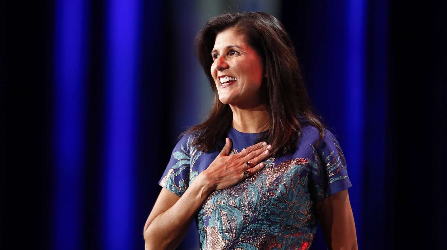 epa10315344 Former Governor of South Carolina Nikki Haley speaks during the 2022 Republican Jewish Coalition Annual Leadership Meeting at the Venetian hotel and casino in Las Vegas, Nevada, USA, 19 November 2022.  EPA/CAROLINE BREHMAN