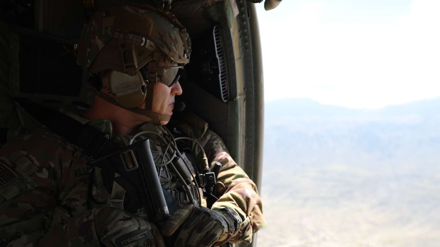 epa07832233 A handout photo made available by the US Army shows an advisor from the 2nd Security Force Assistance Brigade flying during their deployment to Afghanistan, 12 April 2019 (issued 10 September 2019). Media reports quoting US officials state that the US military is likely to ramp up its operations in Afghanistan following Washington's suspension of peace talks with the Taliban on 09 September 2019, after the insurgent group kept carrying out high profile attacks in the country, including one that recently killed a US soldier. The Taliban on 10 September 2019, pledged to continue fighting against US forces in Afghanistan after President Trump declared peace talks with the group as 'dead', media added.  EPA/SGT. JORDAN TRENT/US ARMY HANDOUT  HANDOUT EDITORIAL USE ONLY/NO SALES