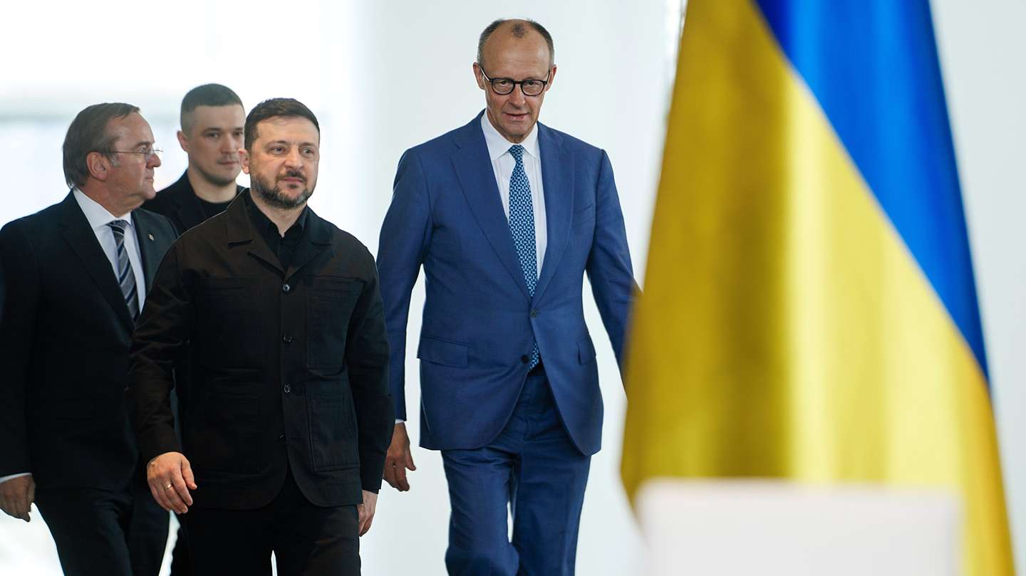 epa12889060 (L-R) German Defense Minister Boris Pistorius, Ukraine's Defence Minister Mykhailo Fedorov, Ukrainian President Volodymyr Zelensky and German Chancellor Friedrich Merz arrive for the signing ceremony of a German-Ukrainian agreement on defence cooperation, in Berlin, Germany, 14 April 2026. Following the Hungarian elections on 12 April, the German government expects that the EU’s 90 billion euro loan package for Ukraine will be unblocked swiftly.  EPA/CLEMENS BILAN