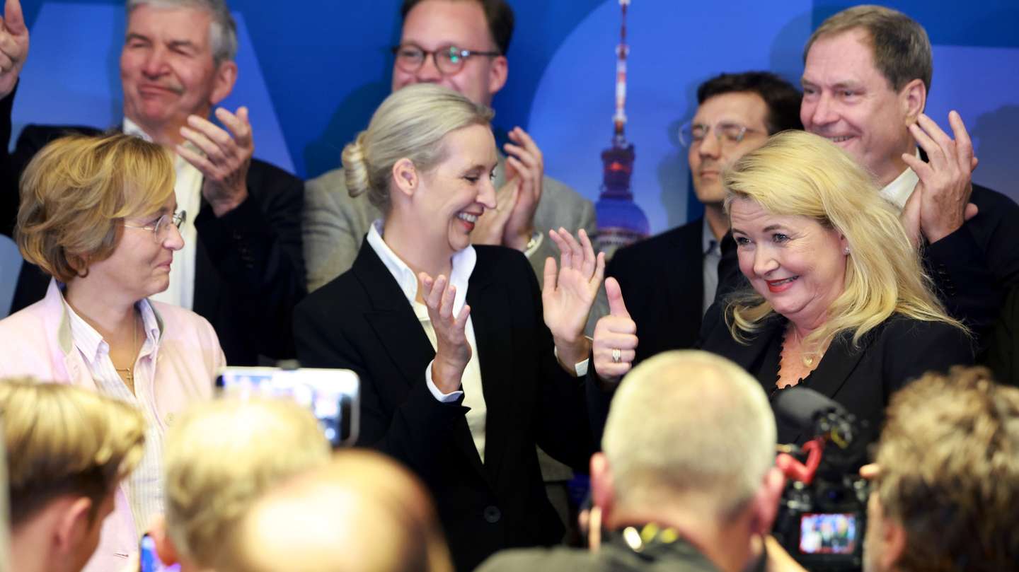 epa13252599 (L-R) Member of the Alternative for Germany (AfD) party Beatrix von Storch, AfD party and parliamentary group co-chairwoman Alice Weidel, and AfD top candidate for the Berlin House of Representatives election 2026 Kristin Brinker react on stage to exit poll results at the AfD election party at the Berlin House of Representatives during the Berlin state election 2026 in Berlin, Germany, 20 September 2026. Voters in Berlin elect members of the House of Representatives, the city's state parliament, for a five-year term on 20 September 2026.  EPA/CLEMENS BILAN