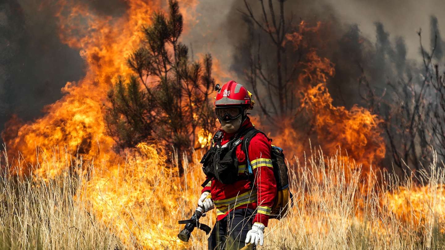 Um bombeiro combate as chamas durante o incêndio na encosta da aldeia de Moura da Serra, Arganil, 14 de agosto de 2025. De acordo com os dados disponíveis no ‘site’ da Autoridade Nacional de Emergência e Proteção Civil (ANEPC), quase 900 operacionais combatiam o fogo que deflagrou na quarta-feira na freguesia de Piódão, no concelho de Arganil, distrito de Coimbra, e se estendeu depois aos municípios de Oliveira do Hospital e Pampilhosa da Serra (Coimbra), e de Seia, já no distrito da Guarda. PAULO CUNHA/LUSA