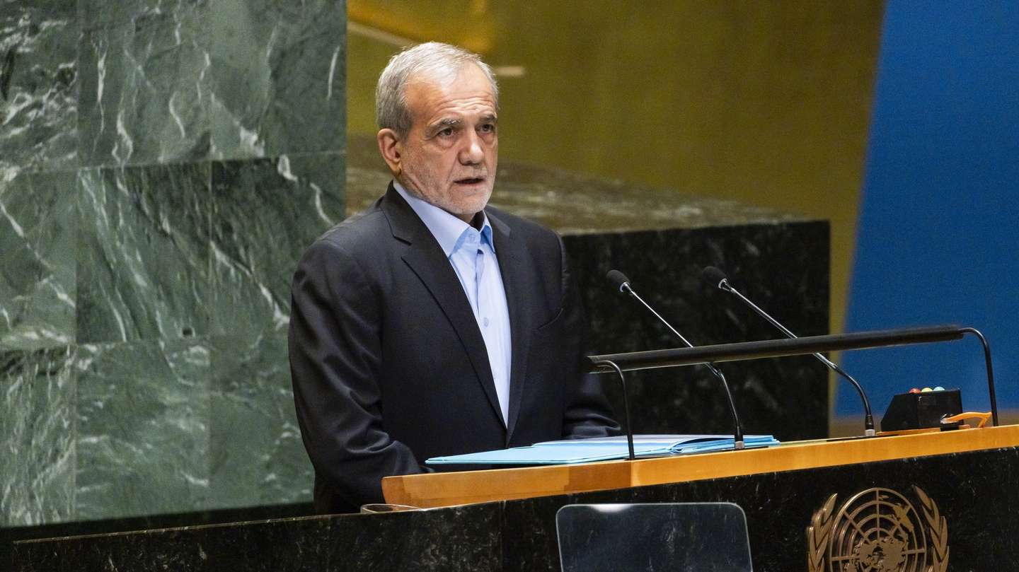 epa11623034 Iran's President Masoud Pezeshkian addresses the General Debate of the 79th session of the United Nations General Assembly at United Nations Headquarters in New York, New York, USA, 24 September 2024. The annual high-level General Debate gathers world leaders from 24 to 28 September, and 30 September under the theme, 'Leaving no one behind: acting together for the advancement of peace, sustainable development and human dignity for present and future generations'.  EPA/JUSTIN LANE