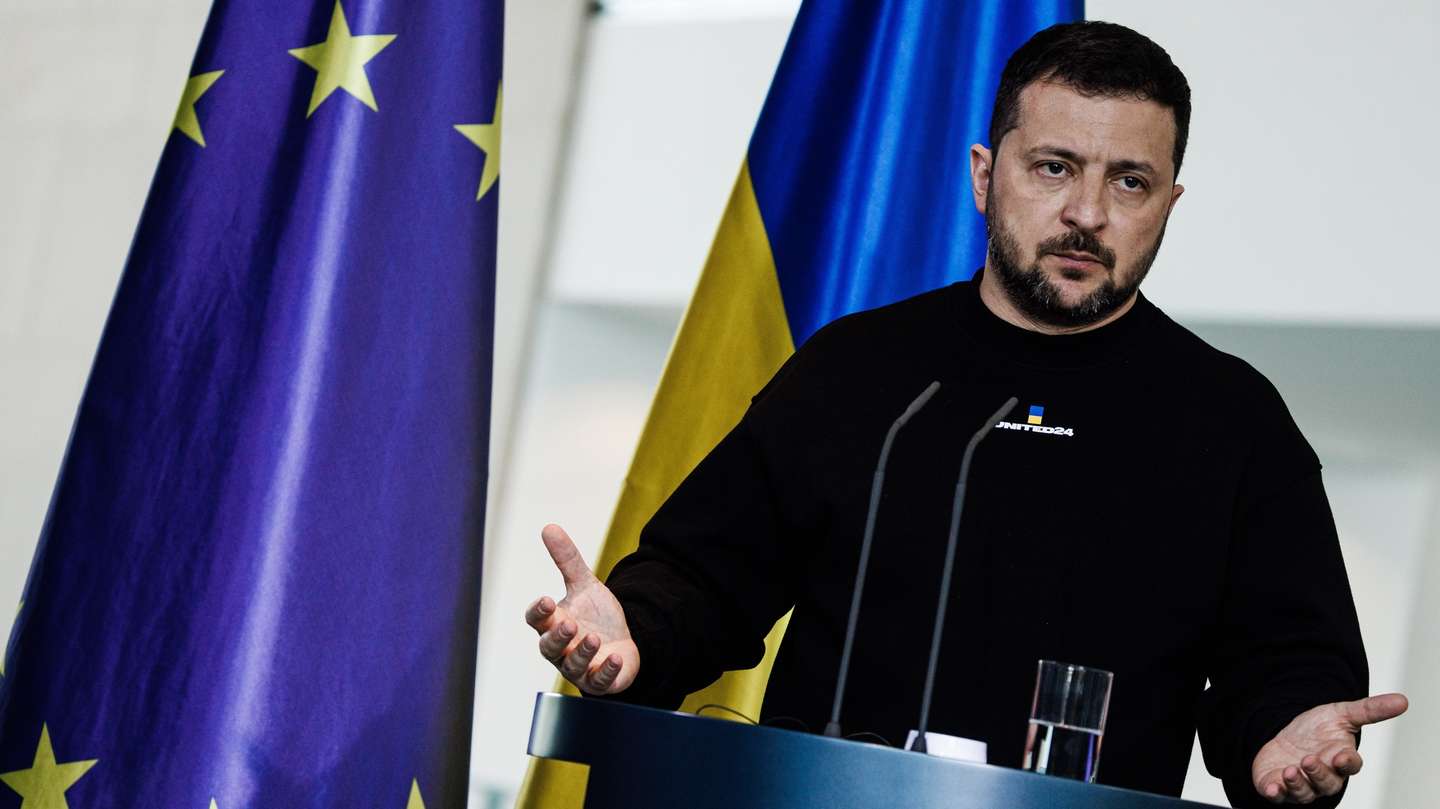 epa10627009 Ukrainian President Volodymyr Zelensky gestures during a joint press conference with German Chancellor Olaf Scholz (not in the picture) following their meeting at the Chancellery in Berlin, Germany, 14 May 2023. It is the first time Zelensky visits Germany since the start of the Russian invasion of Ukraine in February 2022.  EPA/CLEMENS BILAN