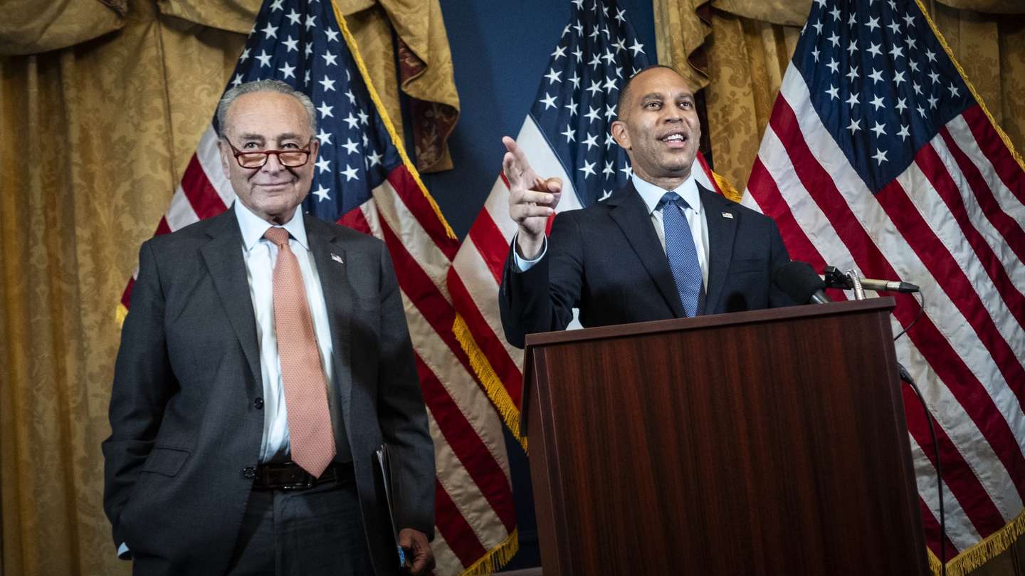 epa11492966 Senate Democratic Majority Leader Chuck Schumer (L) and House Democratic Minority Leader Hakeem Jeffries speak during a news conference on Capitol Hill in Washington, DC, USA, 23 July 2024. Jeffries and Schumer, both of New York, endorse Vice President Kamala Harris for the Democratic nomination for US President.  EPA/PETE MAROVICH