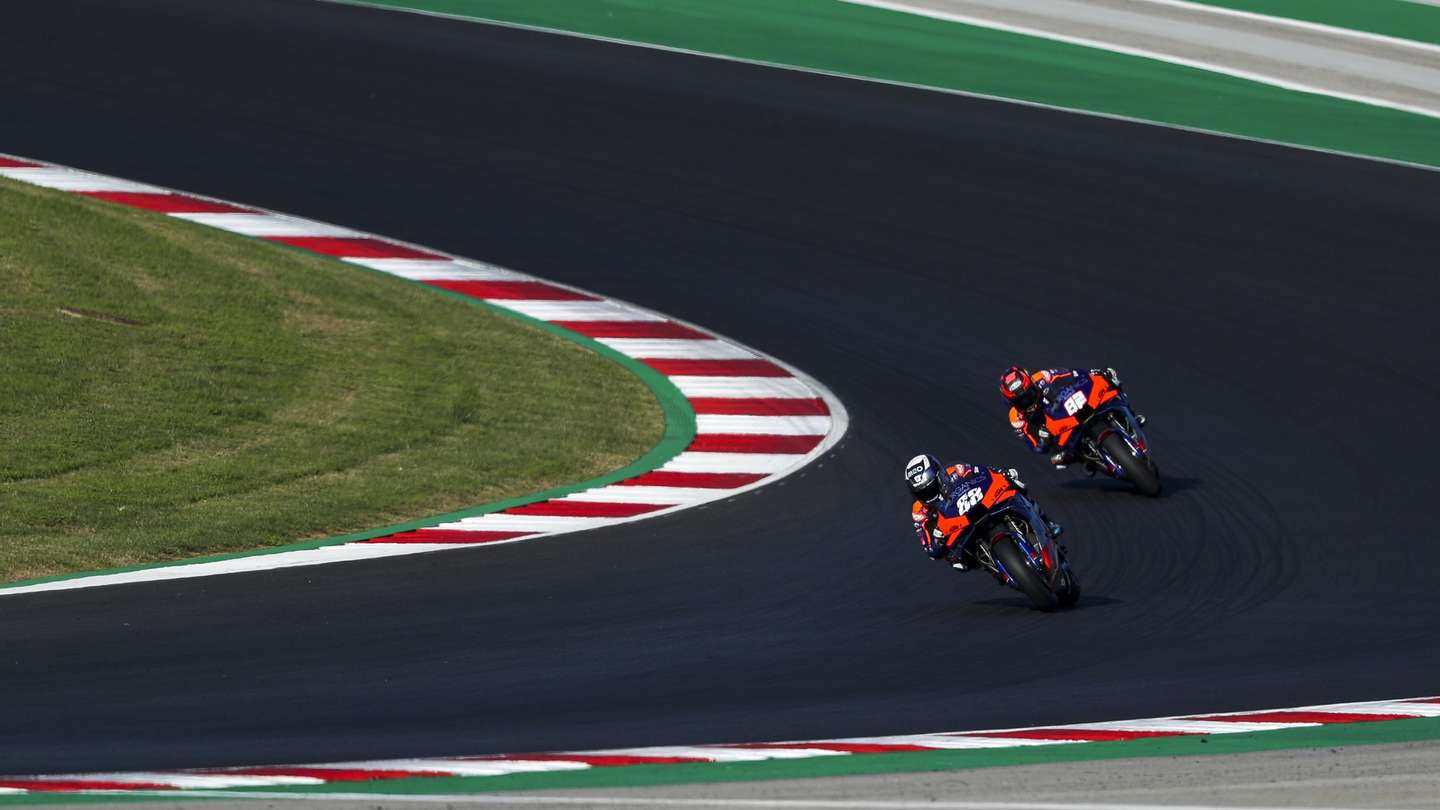 Portuguese rider Miguel Oliveira (L) and Finish rider Mika Kallio of KTM Tech3 Team during the second free training session of the Motorcycling Grand Prix of Portugal at Algarve International race track, south of Portugal, 20 November 2020. The Motorcycling Grand Prix of Portugal will take place on 22 November 2020. JOSE SENA GOULAO/LUSA