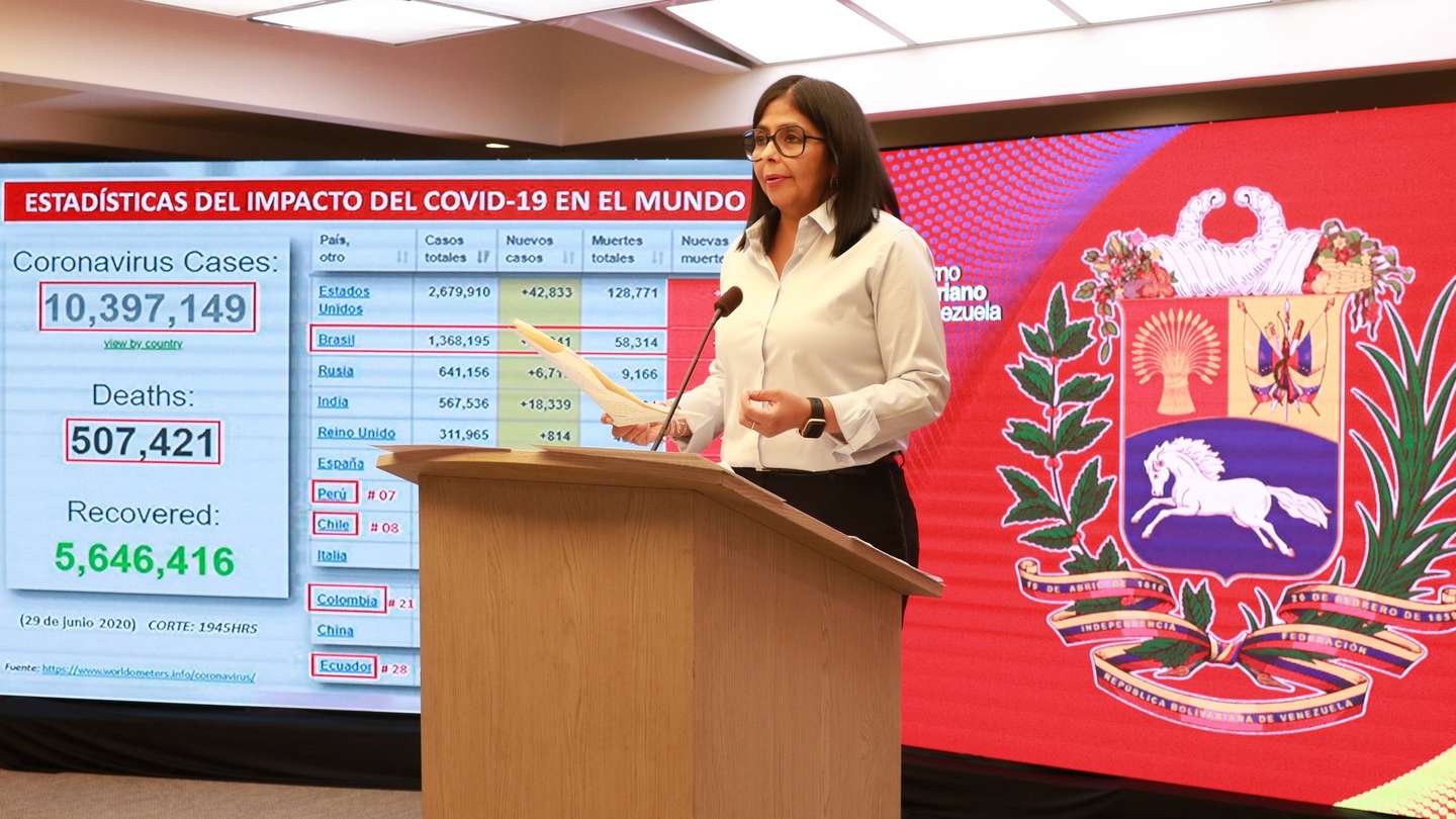 epa08516916 A handout photo made available by the Miraflores Palace press office shows Venezuelan Executive Vice President Delcy Rodriguez speaking at a press conference to give an update on the countryâ€™s coronavirus situation, in Caracas, Venezuela, 29 June 2020.  EPA/Miraflores press HANDOUT NO SALES / EDITORIAL USE ONLY HANDOUT EDITORIAL USE ONLY/NO SALES