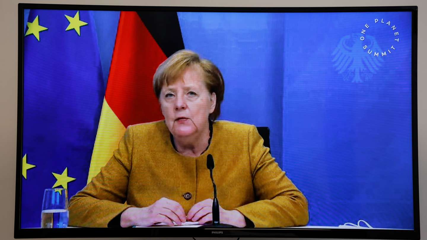 epa08931704 German Chancellor Angela Merkel speaks during a video conference at the One Planet Summit, part of World Nature Day, at the Reception Room of the Elysee Palace, in Paris, France, 11 January 2021. The One Planet Summit, a largely virtual event hosted by France in partnership with the United Nations and the World Bank, will include French President, German Chancellor and European Union chief.  EPA/LUDOVIC MARIN / POOL  MAXPPP OUT