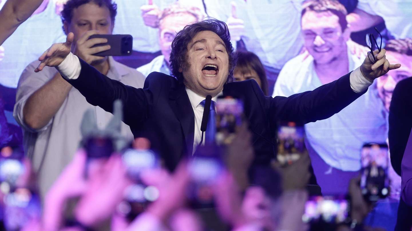 epaselect epa12485085 Argentine President Javier Milei celebrates after learning the results of the legislative elections in Buenos Aires, Argentina, 26 October 2025. La Libertad Avanza (LLA), the party of President Milei, won the legislative elections with 39 percent of the vote. In comparison, the Peronist Fuerza Patria party and its allies obtained 29.4 percent of the vote, according to official data.  EPA/JUAN IGNACIO RONCORONI