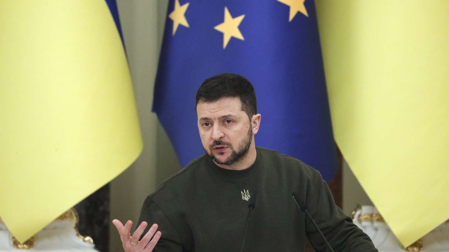 epa10415896 Ukrainian President Volodymyr Zelensky speaks during a joint press conference with President of the EU Council Charles Michel (not pictured) following their meeting in Kyiv, Ukraine, 19 January 2023. Charles Michel arrived in Ukraine to meet with top officials amid the Russian invasion.  EPA/SERGEY DOLZHENKO