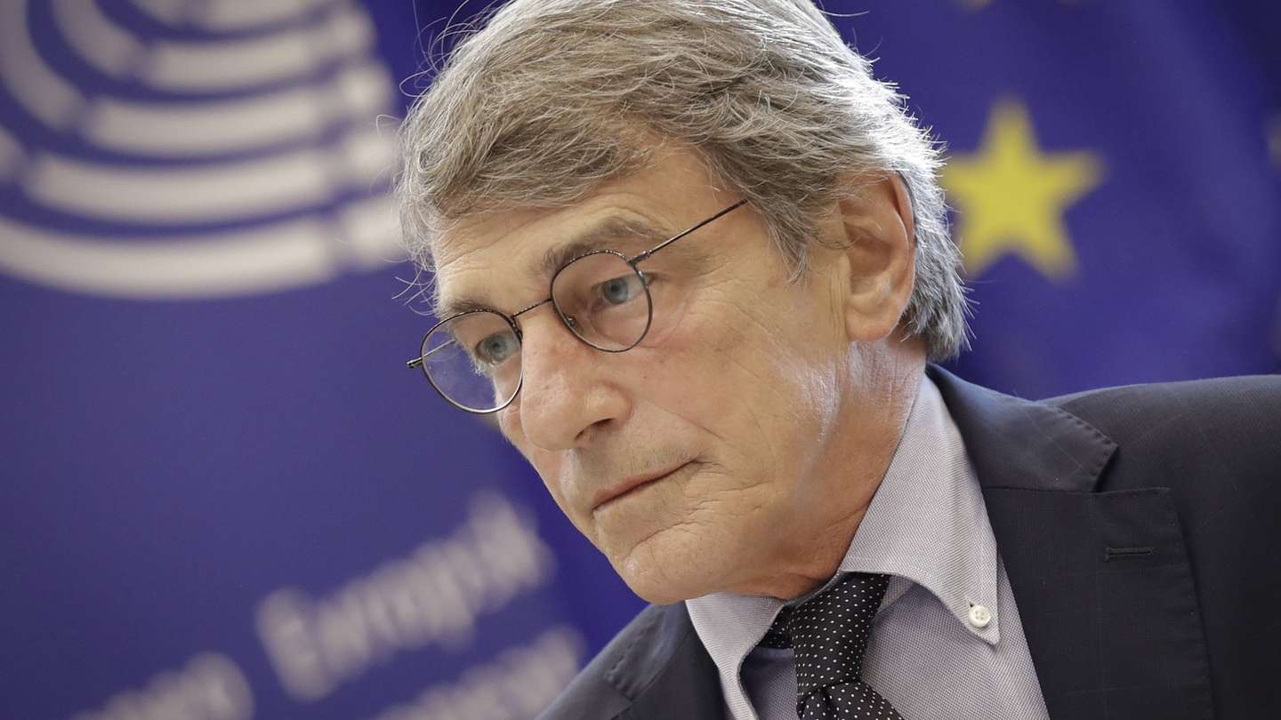 epa09456796 European Parliament President David Sassoli at the start of a conference in Brussels, Belgium, 09 September 2021. Ursula von der Leyen will present the state of the Union program ahead to official presentation on 15 September during plenary session in Starsbourg.  EPA/OLIVIER HOSLET