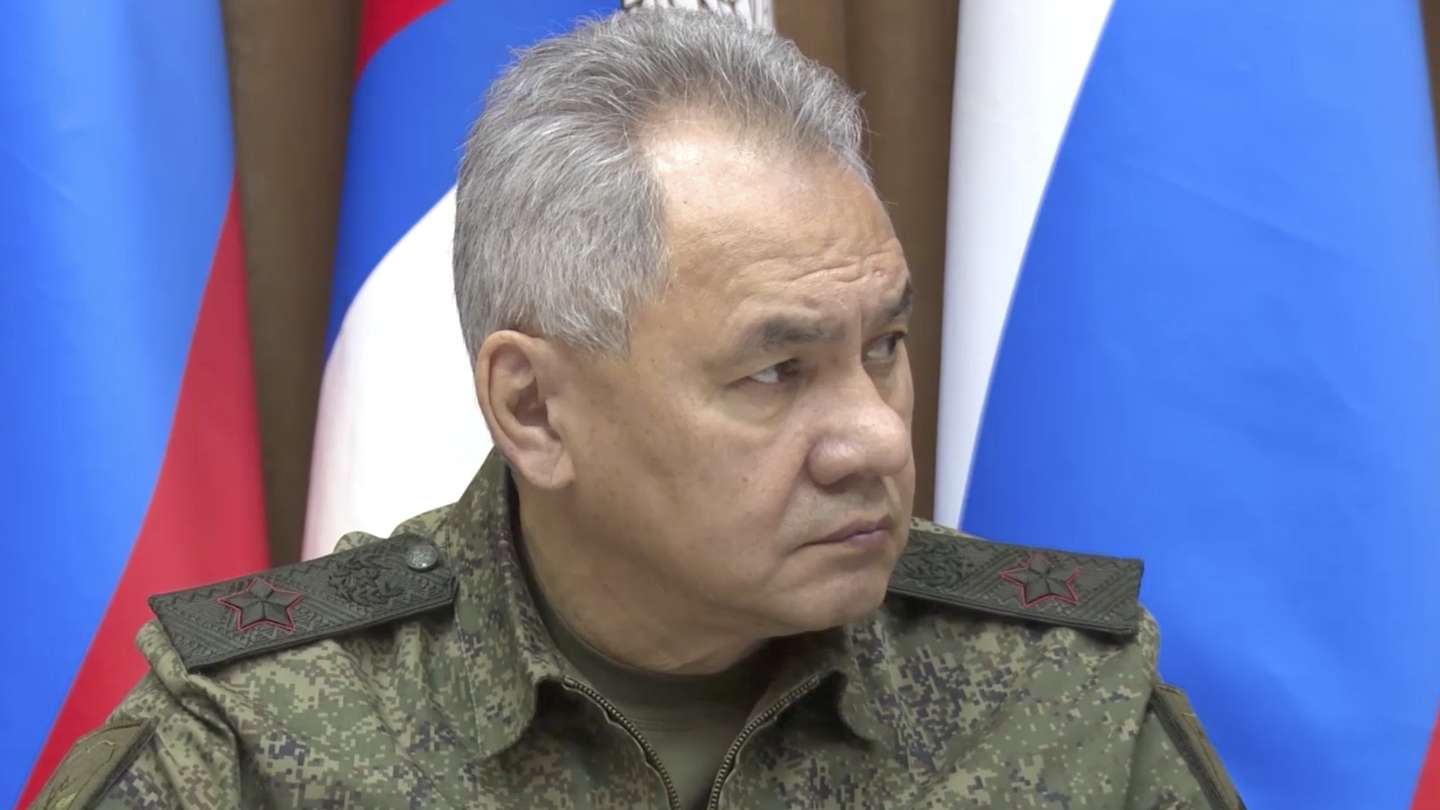 epa10296353 A handout still image taken from a handout video provided by the Russian Defence ministry press-service shows Russia's Defence Minister Sergei Shoigu listens to a report of the General of the Army Sergei Surovikin, commander of the joint group of troops in the area of ​​the special military operation, about situation in Kherson region, in Moscow, Russia, 09 November 2022. The Russian military will transfer their units to the left bank of the Dnieper river, General of the Army Sergei Surovikin, commander of the joint group of troops in the area of ​​the special military operation, said while reporting to Russian Defense Minister Sergei Shoigu. 'Comprehensively assessing the current situation, it is proposed to take up defense along the left bank of the Dnieper River. I understand that this is a very difficult decision,' Surovikin said.  EPA/RUSSIAN DEFENCE MINISTRY PRESS SERVICE / HANDOUT  HANDOUT EDITORIAL USE ONLY/NO SALES