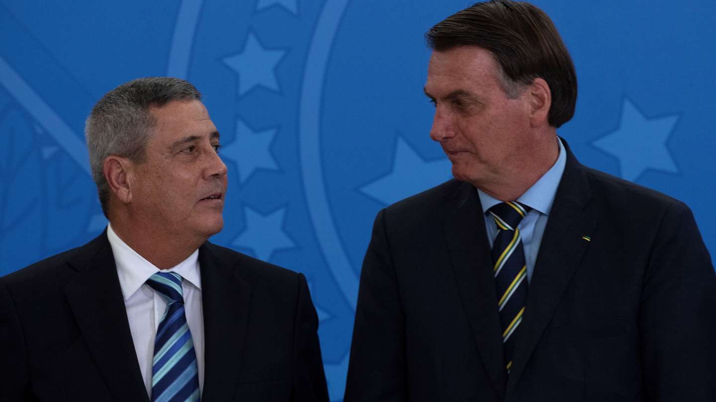 epa08226485 Brazilian President Jair Bolsonaro (R) participates during the swearing-in ceremony of new Presidency Minister, general Walter Braga Netto (L), in Brasilia, Brazil, 18 February 2020. Bolsonaro, captain of the Army reserve, put the new minister into office, with now eight of the 22 members of his cabinet being from a military background.  EPA/JoÃ©dson Alves