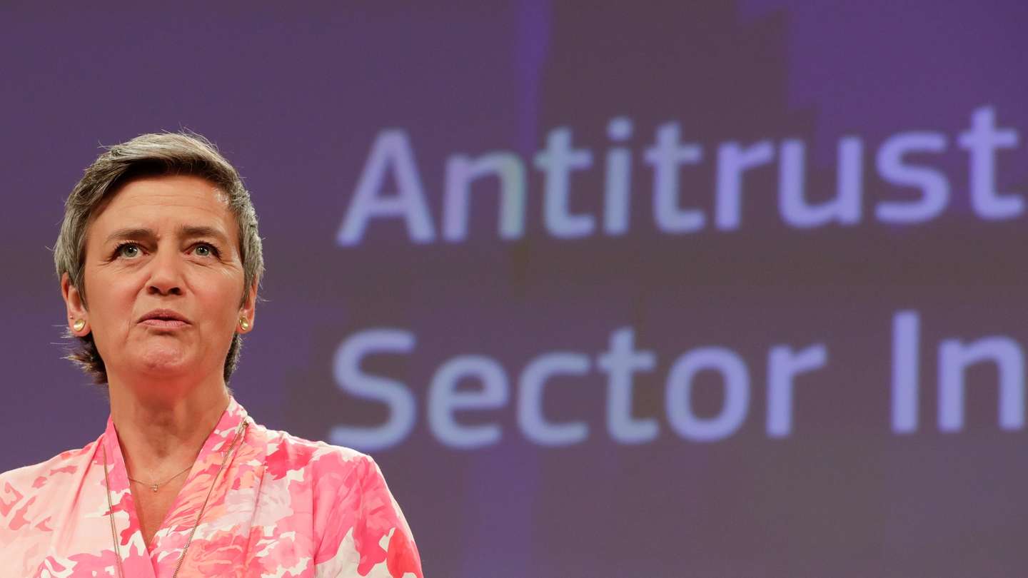 epa08549419 EU Commissioner for Competition Margrethe Vestager gives a press conference on a sector inquiry on Competition at the European Commission in Brussels, Belgium 16 July 2020. The European Commission launched on the day an antitrust competition inquiry into the sector of Internet of Things (IoT) for consumer-related products and services in the EU.  EPA/STEPHANIE LECOCQ / POOL