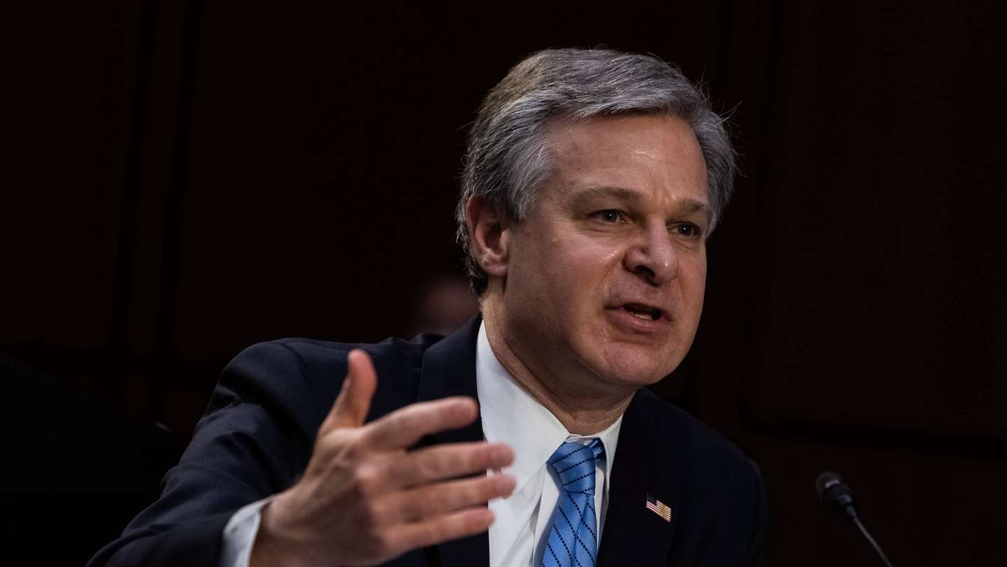 epa09135350 FBI Director Christopher Wray during a Senate Select Committee on Intelligence hearing about worldwide threats, on Capitol Hill in Washington, DC, 14 April 2021.  EPA/Graeme Jennings / POOL