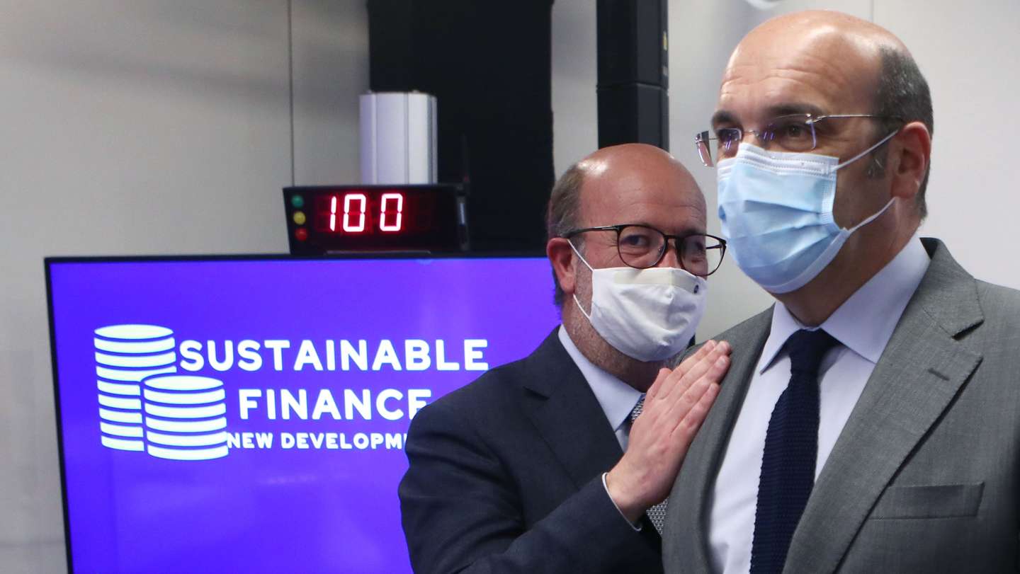 Portuguese Minister for the Economy and Digital Transition Pedro Siza Vieira (R) is greeted by Portuguese Minister of Environment and Energy Transition Joao Pedro Matos Fernandes (L) after attending a Conference on "Sustainable Financing: New Developments" included in the official program of the Portuguese Presidency of the Council of the European Union in Lisbon, Portugal, 25 May 2021. ANTONIO PEDRO SANTOS/LUSA