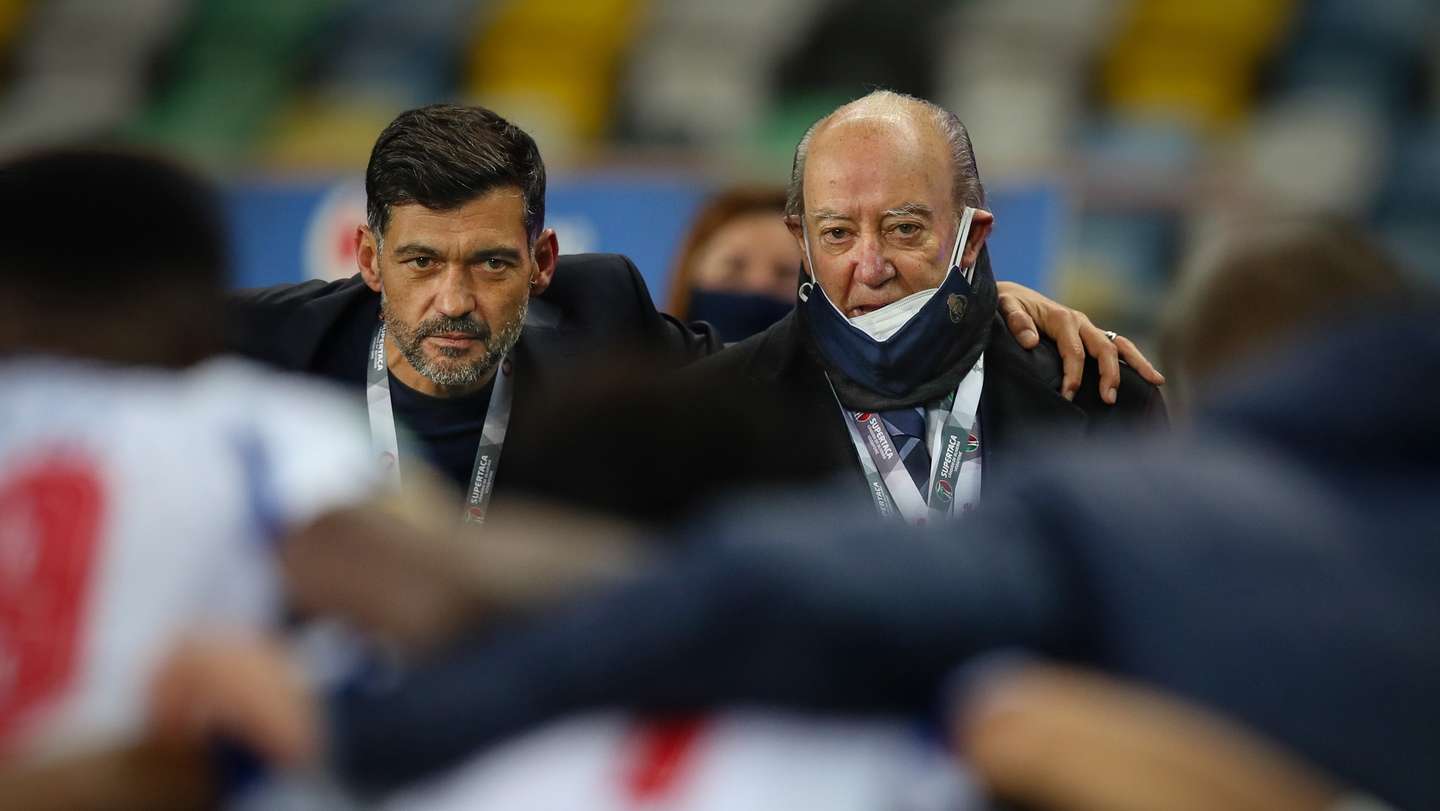 FC Porto's president Jorge Nuno Pinto da Costa (R) and his head coach Sergio Conceicao (L) celebrate after winning the Portuguese Candido de Oliveira Supercup soccer match against Benfica (2-0), held at Aveiro Municipal Stadium, in Aveiro, Portugal, 23 December 2020. JOSE COELHO/LUSA