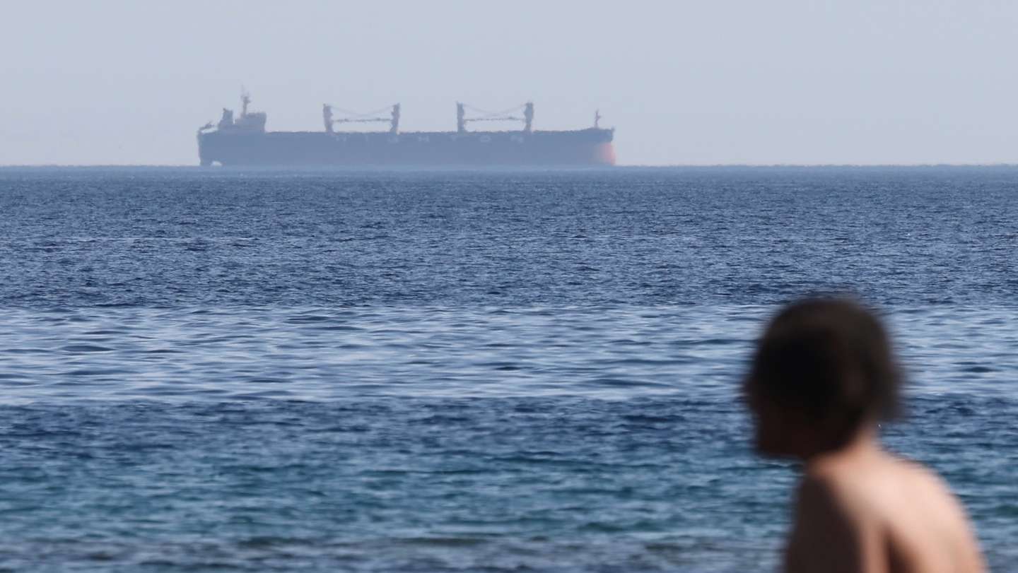 epa11282620 People enjoy the beach as a cargo ship sails in the background, near the Red Sea port of Eilat, southern Israel, 16 April 2024. The port of Eilat, which serves as a gateway for Israel to trade with the countries of the East and Asia, has halted trade activities since Yemen's Houthis rebels attacks on cargo ships in Yemen Bab al-Mandab Strait. The port operator in March announced its intention to layoff half of the port's 120 employees after the seaport suffered financial issues due to the crisis in the Red Sea shipping lanes.  EPA/ABIR SULTAN