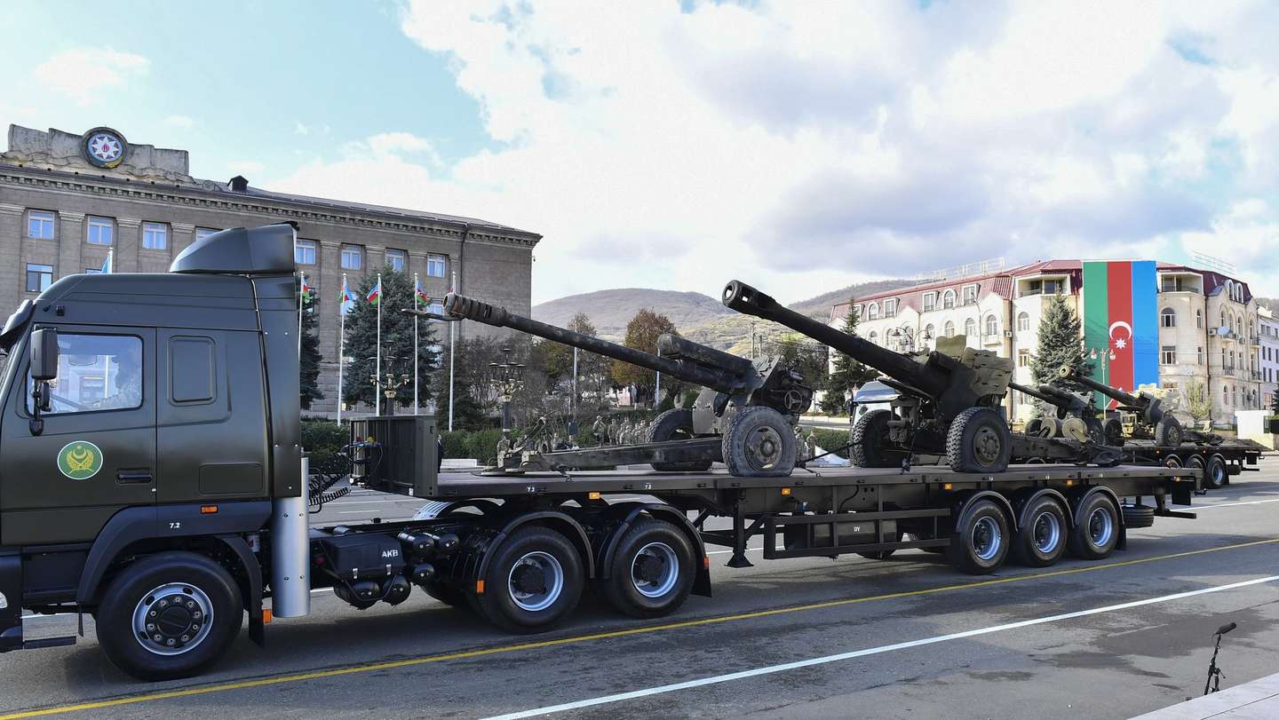 epa10963973 Azeri military equipment showcased during a military parade marking the third anniversary of the Victory in the Patriotic War, in the former capital of Nagorno-Karabakh region, known to Armenians as Stepanakert, and in Azerbaijan as Khankendi, Azerbaijan, 08 November 2023. Azerbaijan on 19 September 2023 launched a brief military offensive in the contested region of Nagorno-Karabakh, a breakaway enclave home to some 120,000 ethnic Armenians. Following a ceasefire agreed on the following day, Azerbaijan opened all checkpoints with Armenia for the unimpeded exit of civilians from the disputed territory. The Armenian government announced the evacuation of more than 100,000 local residents from Nagorno-Karabakh, and a humanitarian center was set up in the village of Kornidzor near the so-called Lachin corridor, the main route between Armenia and the breakaway region. Nagorno-Karabakh will cease to exist as a self-proclaimed state from 01 January 2024, the region's separatist leader, Samvel Shakhramanyan, announced on 28 September 2023, after signing a decree to dissolve all its institutions.  EPA/STRINGER