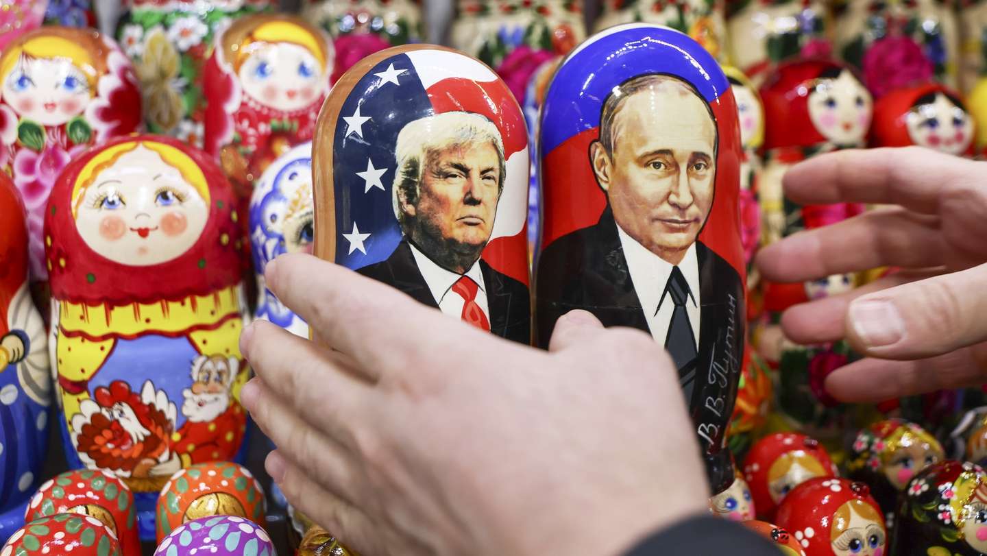 epa11892744 Traditional Russian wooden dolls Matryoshka depicting Russian President Vladimir Putin and US President Donald Trump are displayed for sale at a souvenir shop in Moscow, Russia, 13 February 2025. Russia has begun preparing a negotiating group to organize a meeting between the presidents of Russia and the United States, Russian presidential press secretary Dmitry Peskov said. The day before, Putin and Trump had a telephone conversation.  EPA/MAXIM SHIPENKOV