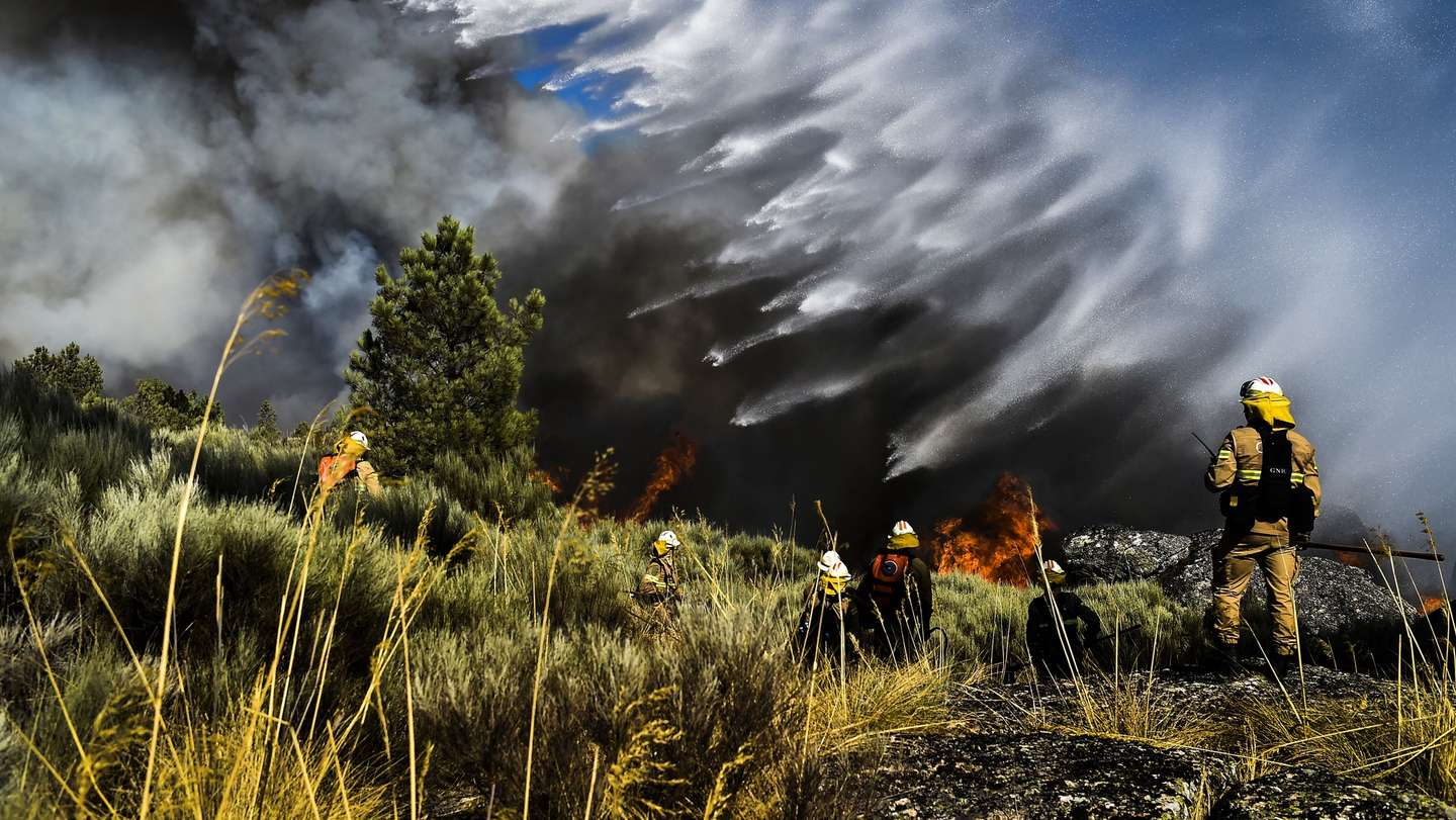 Bombeiros combatem um incêndio na freguesia de Rapa, Celorico da Beira, Guarda, 13 de agosto de 2022. De acordo com a página da Autoridade Nacional de Emergência e Proteção Civil, o incêndio está a ser combativo por 1327 operacionais, apoiados por 392 viaturas e 3 meios aéreos. NUNO ANDRÉ FERREIRA/LUSA