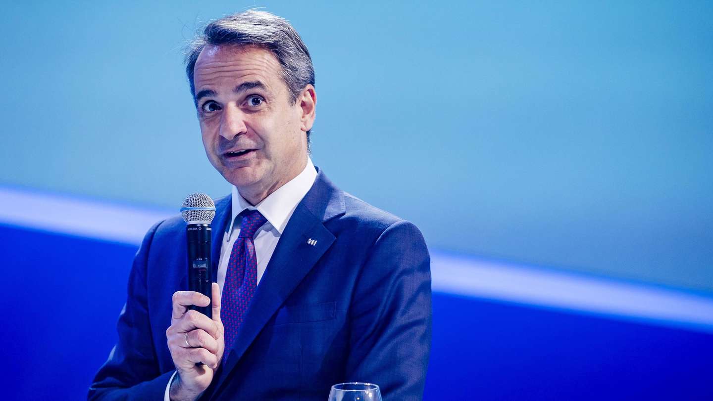 epa09988257 Greece Prime Minister Kyriakos Mitsotakis  speaks during the first day of the EPP conference in Ahoy Rotterdam, the Netherlands, 31 May 2022. The EPP Congress is organized by the European People's Party (EPP), the political family of the Christian Democrats in Europe.  EPA/SEM VAN DER WAL