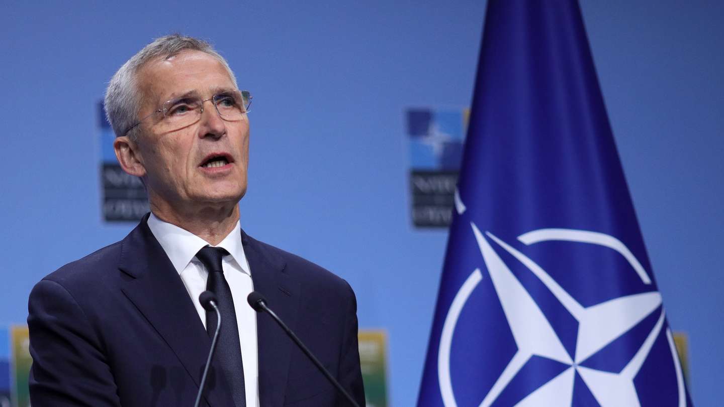 epa10741113 NATO Secretary General Jens Stoltenberg speaks during a joint press conference with Ukraine's president following a bilateral meeting, at the NATO ​summit in Vilnius, Lithuania, 12 July 2023. The North Atlantic Treaty Organization (NATO) Summit takes place in Vilnius on 11 and 12 July 2023 with the alliance's leaders expected to adopt new defense plans.  EPA/TIM IRELAND