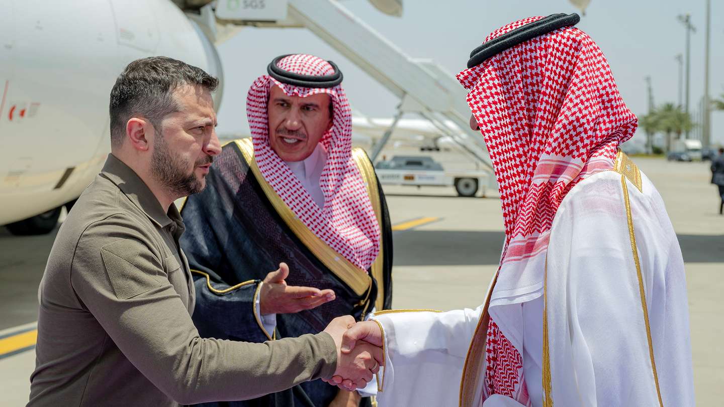 epa10638696 A handout photo made available by the Saudi Press Agency (SPA) shows Deputy Governor of Saudi Arabia's Makkah Region, Prince Badr bin Sultan bin Abdulaziz Al Saud (R) greeting Ukrainian president Volodymyr Zelensky upon his arrival to attend the 32nd Arab League summit, in Jeddah, Saudi Arabia, 19 May 2023. Zelensky is on his first-ever visit to Saudi Arabia.  EPA/SAUDI PRESS AGENCY HANDOUT  HANDOUT EDITORIAL USE ONLY/NO SALES