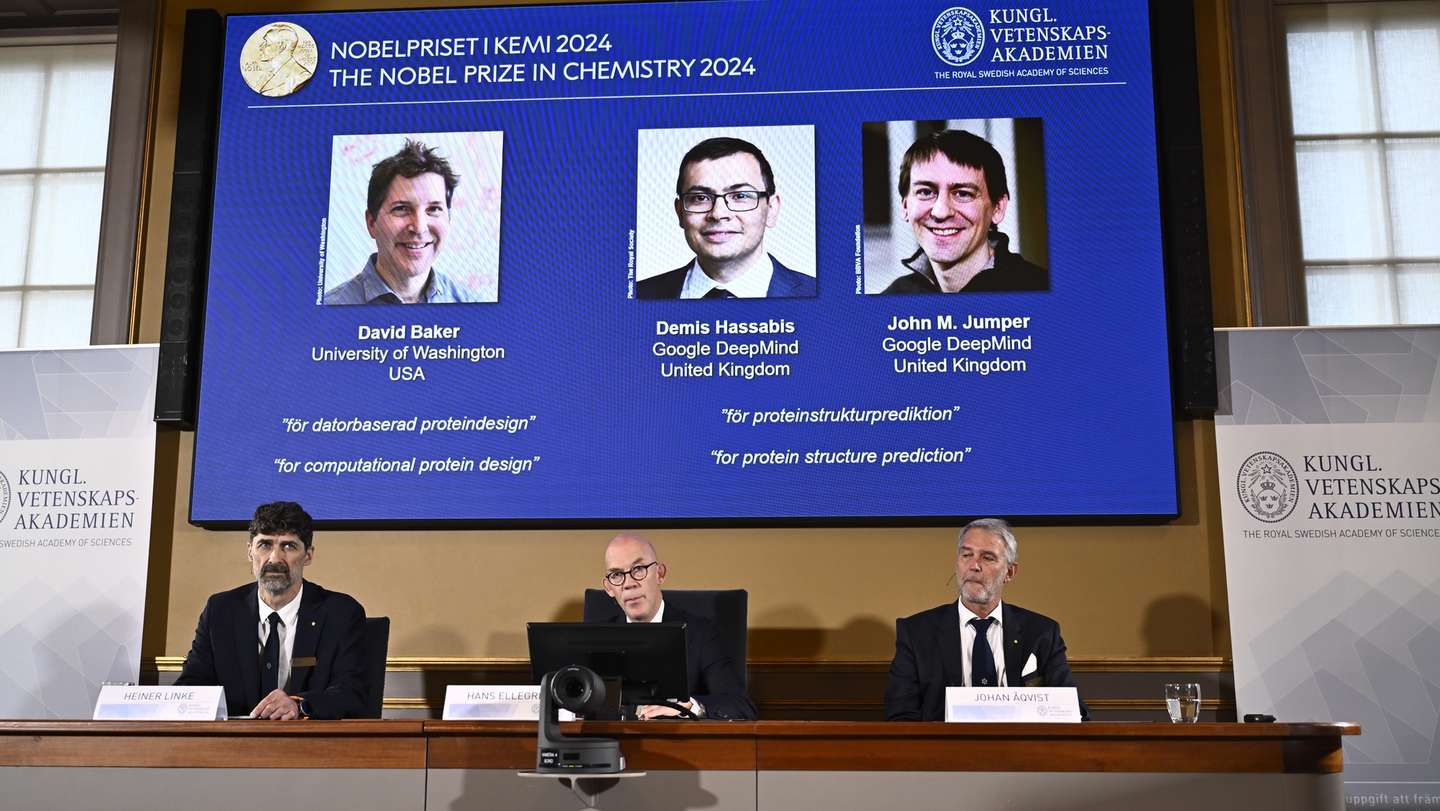 epa11650458 (L-R) Chairman of the Nobel Committee for Chemistry Heiner Linke, Secretary General of the Royal Swedish Academy of Sciences Hans Ellegren, and member of the Nobel Committee for Chemistry Johan Aqvist announce the winners of the 2024 Nobel Prize in Chemistry, at the Royal Swedish Academy in Stockholm, Sweden, 09 October 2024. The Royal Swedish Academy of Sciences has decided to award the Nobel Prize in Chemistry 2024 to David Baker (University of Washington, USA) for computational protein design, and to Demis Hassabis (Google DeepMind, UK) and John M Jumper (Google DeepMind, UK) for protein structure prediction, the Nobel statement says.  EPA/Christine Olsson/TT  SWEDEN OUT