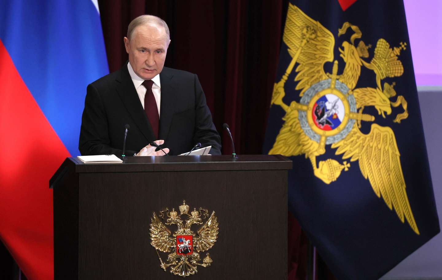epa11255677 Russian President Vladimir Putin speaks during an annual extended meeting of the Interior Ministry Board in Moscow, Russia, 02 April 2024. The Russian president urged, among other things, law enforcement and security services to tighten security on public gatherings in the wake of the 22 March terrorist attack on the concert hall in the Moscow region that killed at least 144 people.  EPA/SERGEI SAVOSTYANOV/SPUTNIK/KREMLIN POOL MANDATORY CREDIT