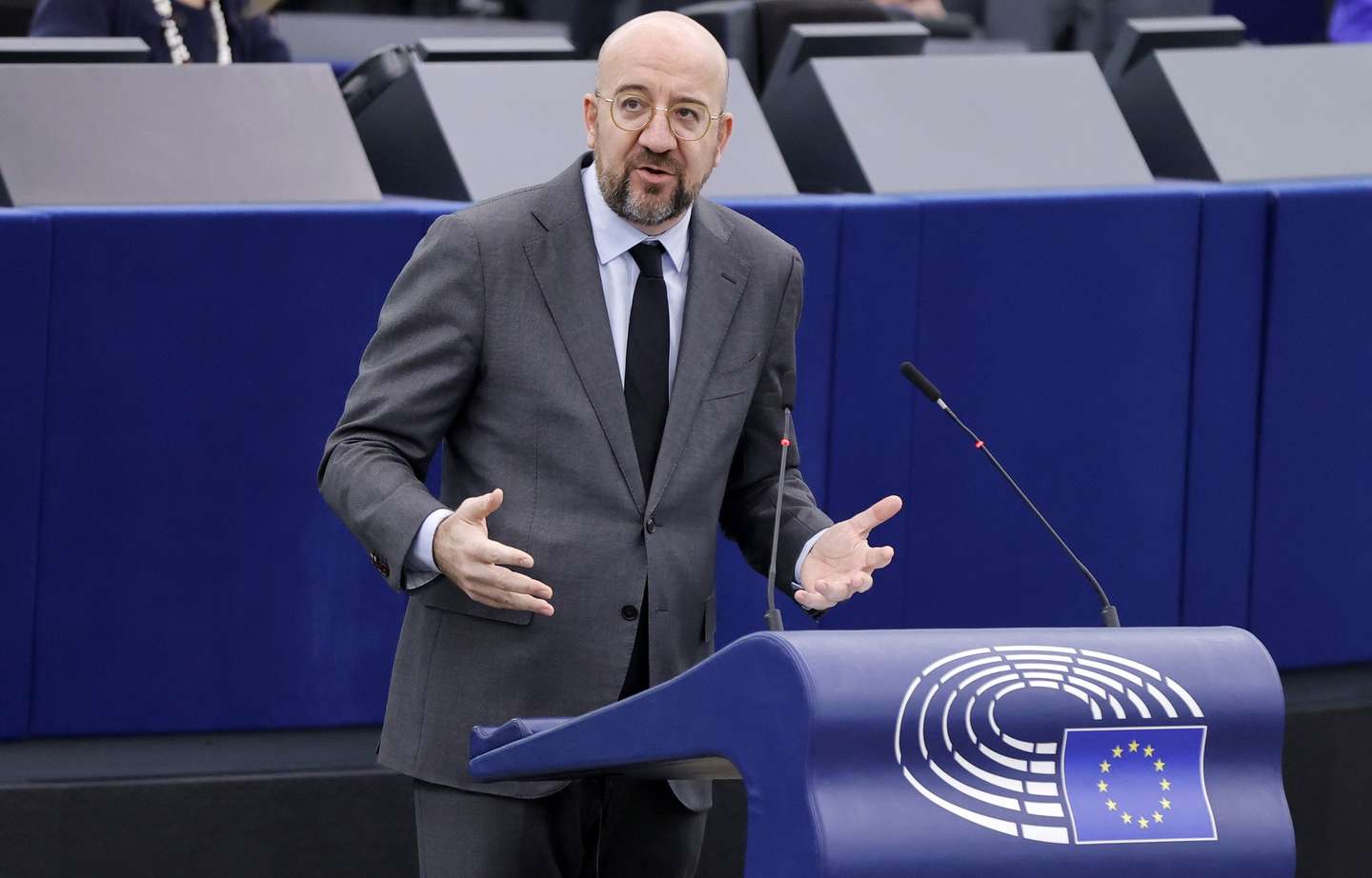 epa11130569 EU Council President Charles Michel speaks during a debate on 'Motions for resolutions - The need for unwavering EU support for Ukraine, after two years of Russia’s war of aggression against Ukraine' at the European Parliament in Strasbourg, France, 06 February 2024. The EU Parliament's session runs from 05 till 08 February 2024.  EPA/RONALD WITTEK