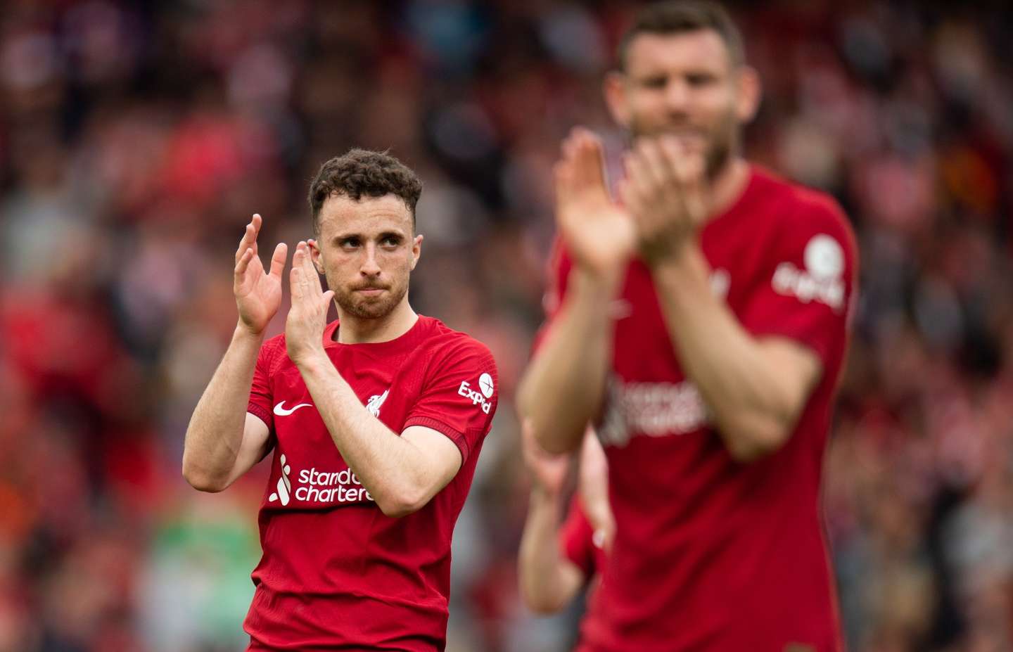 epa10600855 Liverpool's Diogo Jota reacts after the English Premier League soccer match between Liverpool and Tottenham Hotspur, in Liverpool, Britain, 30 April 2023.  EPA/Peter Powell EDITORIAL USE ONLY. No use with unauthorized audio, video, data, fixture lists, club/league logos or 'live' services. Online in-match use limited to 120 images, no video emulation. No use in betting, games or single club/league/player publications