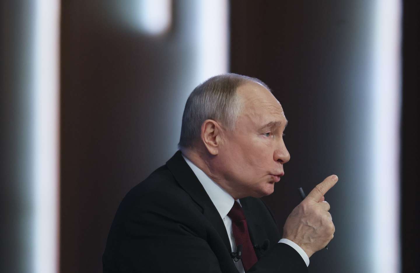 epa11785473 Russian President Vladimir Putin gestures as he answers questions during his annual live broadcast press conference with Russian federal, regional, and foreign media at the Gostiny Dvor forum hall in Moscow, Russia, 19 December 2024. Russian President Vladimir Putin on 19 December holds his end-of-year press conference and the 'Direct Line with Vladimir Putin' televised event, where he will answer citizens' questions focusing on domestic issues.  EPA/YURI KOCHETKOV