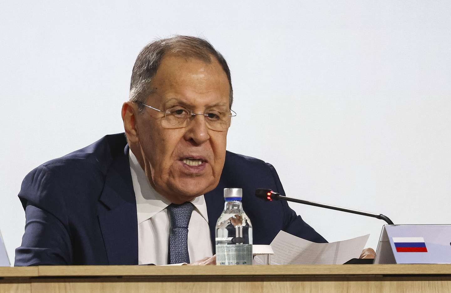 epa12140114 Russian Foreign Minister Sergey Lavrov speaks at the opening of the 13th International Meeting of High-Ranking Officials Responsible for Security Matters at the Russia National Centre in Moscow, Russia, 28 May 2025. More than 125 delegations from more than 100 countries are scheduled to attend the 13th International Meeting of High Representatives for Security Issues running from 27 to 29 May.  EPA/MAXIM SHIPENKOV