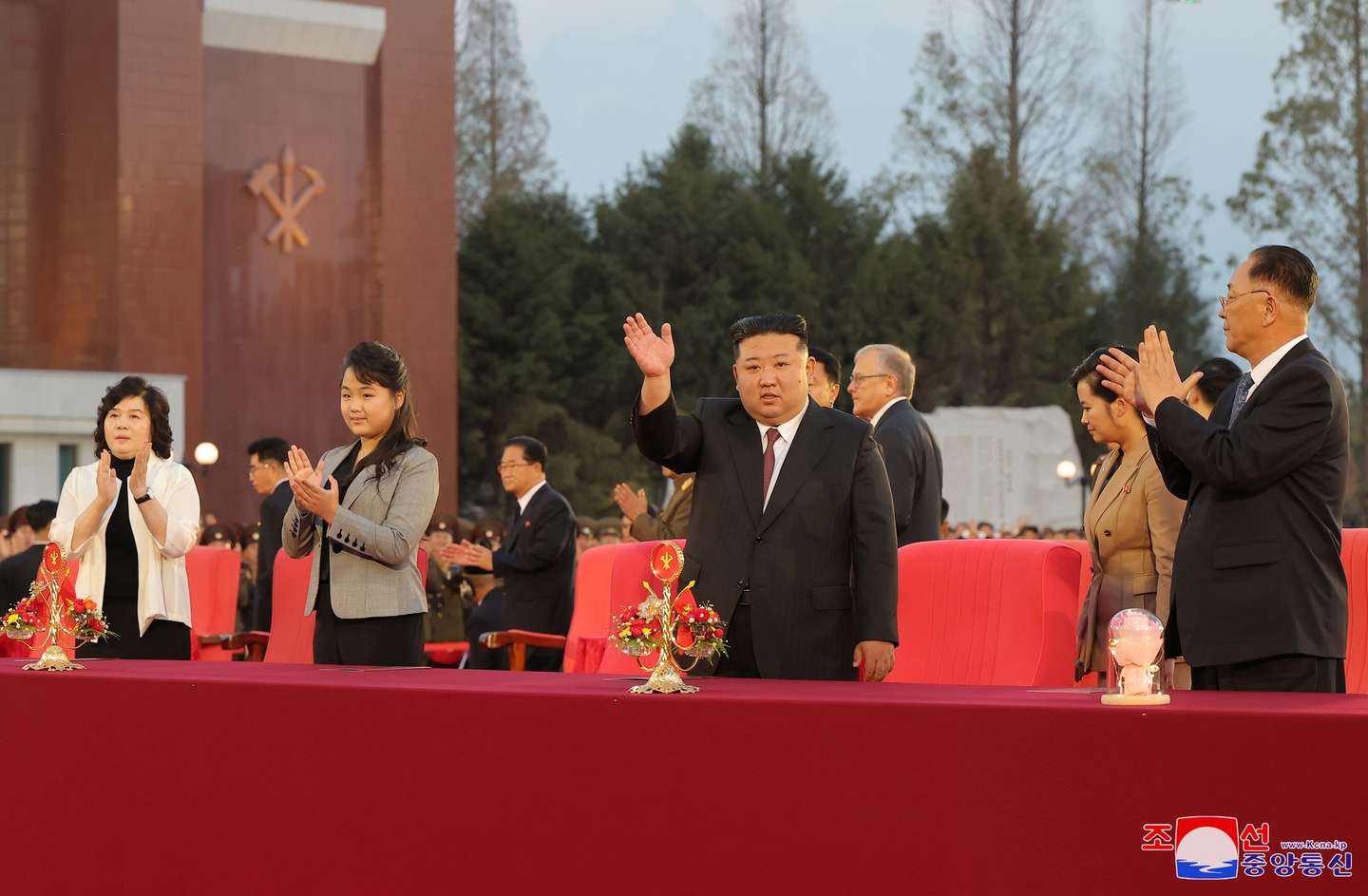 epa11653904 A photo released by the official North Korean Central News Agency (KCNA) shows North Korean leader Kim Jong Un and his daughter Kim Ju Ae attending a celebration for the 79th anniversary of the founding of the Workers' Party of Korea at the party's Central Cadres Training School in Pyongyang, North Korea, 10 October 2024 (issued 11 October 2024). According to KCNA, North Korea held a celebratory concert and banquet in Pyongyang on 10 October to mark the 79th anniversary of the founding of the Workers' Party of Korea.  EPA/KCNA  EDITORIAL USE ONLY