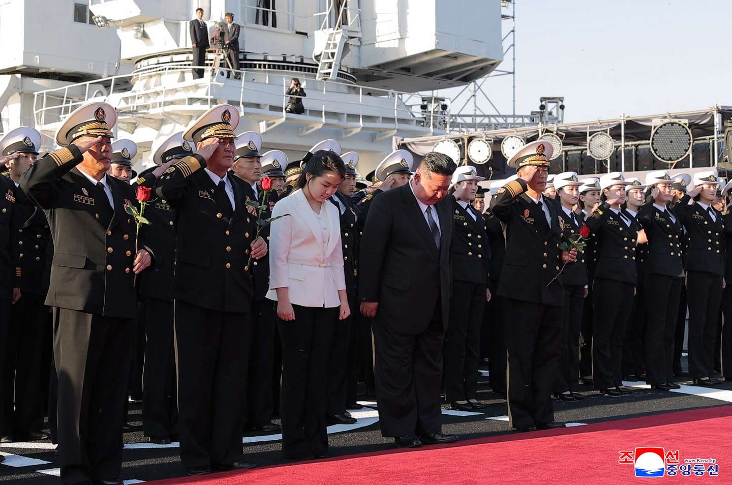 epa12055578 A photo released by the official North Korean Central News Agency (KCNA) on 26 April 2025 shows North Korean Leader Kim Jong Un and daughter Kim Ju Ae attending the launching ceremony of a newly-built destroyer at Nampho Dockyard, North Korea, 25 April 2025, on the founding anniversary of the first armed forces of the Korean People's Army (KPA).  EPA/KCNA  EDITORIAL USE ONLY