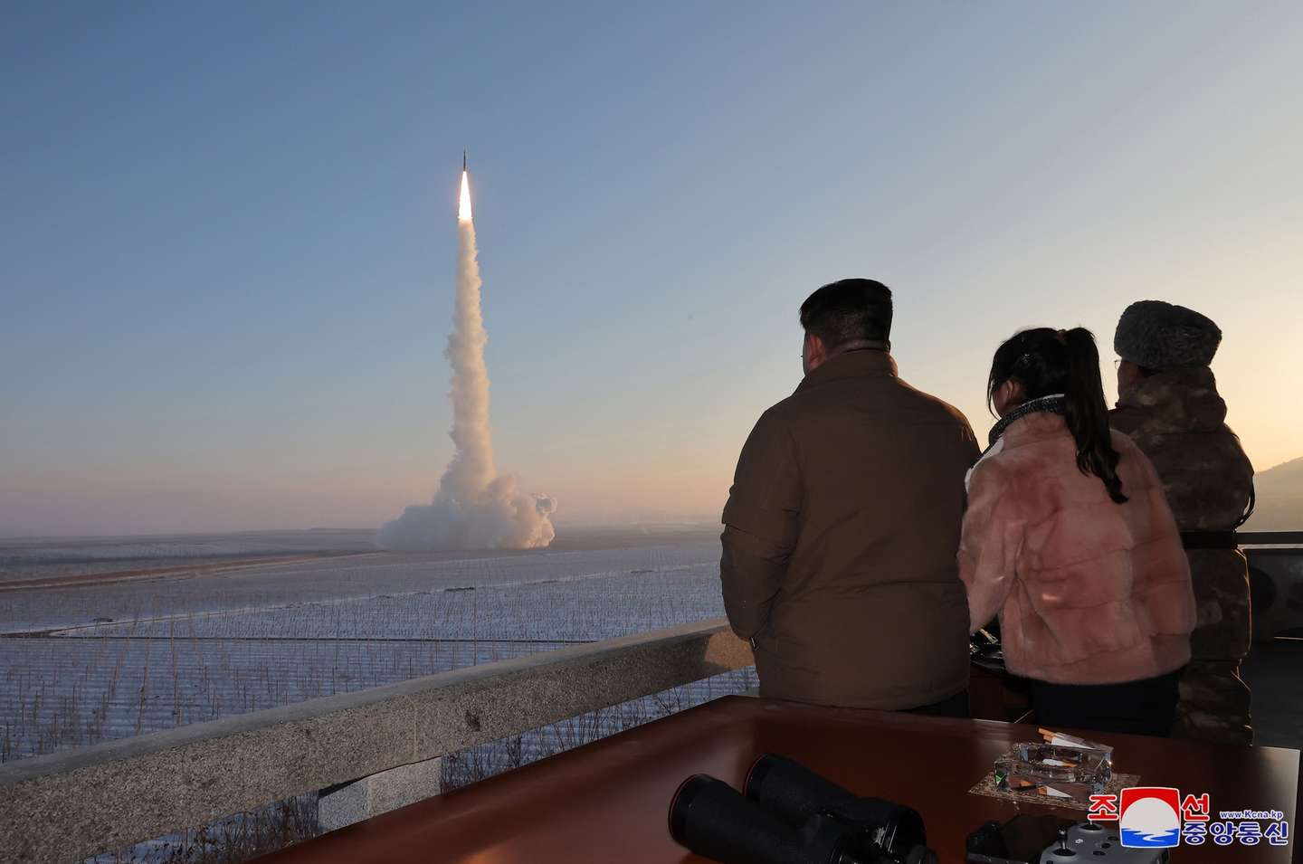 epa11036728 A photo released by the official North Korean Central News Agency (KCNA) shows North Korean Supreme Leader Kim Jong Un (3-R) and his daughter Ju-ae (2-R) inspecting the launch of a Hwasong-18 solid-fuel intercontinental ballistic missile (ICBM) at an undisclosed location in North Korea, 18 December 2023 (issued 19 December 2023). According to KCNA, the ICBM flew 1,002.3 kilometers for 4,415 seconds at a maximum altitude of 6,518.2 km before 'accurately' hitting the East Sea.  EPA/KCNA   EDITORIAL USE ONLY  EDITORIAL USE ONLY