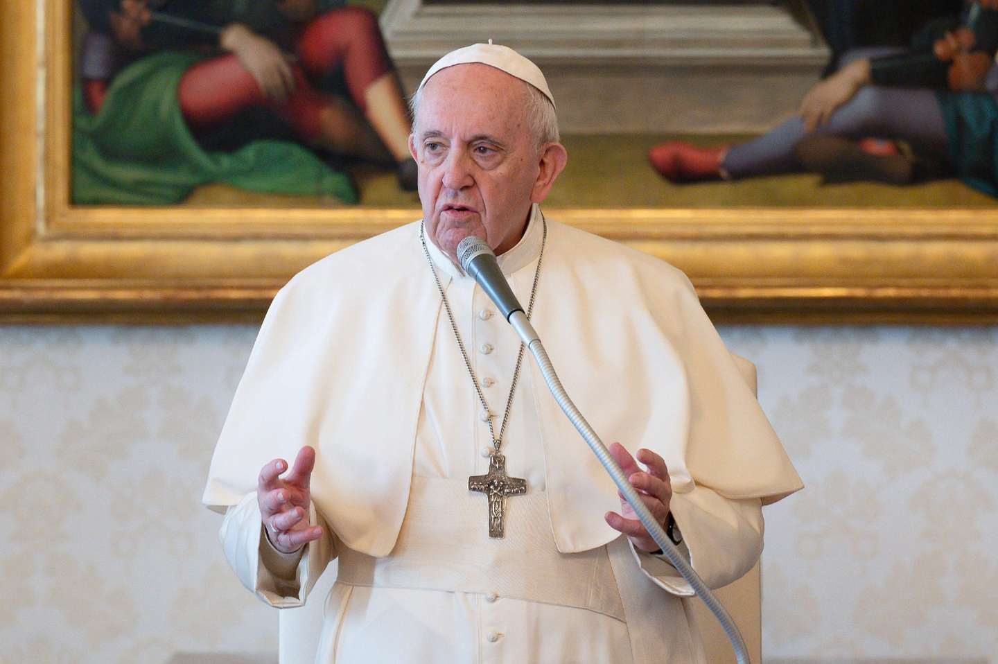 epa09093272 A handout photo made available by the Vatican Media shows Pope Francis during the General Audience at the Library of the Apostolic Palace, Vatican City, 24 March 2021.  EPA/VATICAN MEDIA / HANDOUT  HANDOUT EDITORIAL USE ONLY/NO SALES