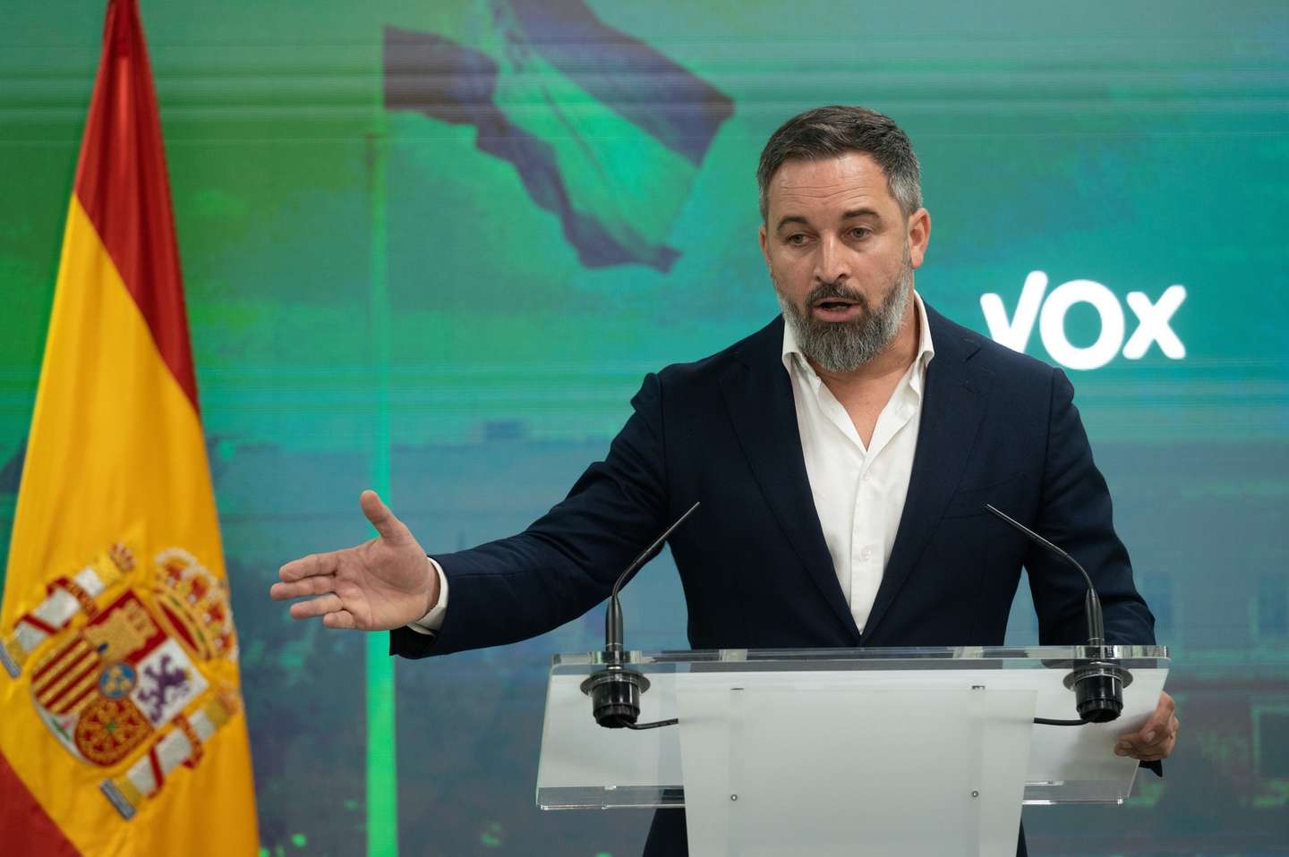 epa10674260  Santiago Abascal, the leader of the Spanish party 'Vox', addresses a press conference following the party's Action Committee in Madrid, Spain, 05 June 2023. None of the Spanish political parties will be holding primary elections for the upcoming general elections, 23 July 2023, which leads to believe the candidates running for Prime Minister will be their current leaders.  EPA/FERNANDO VILLAR