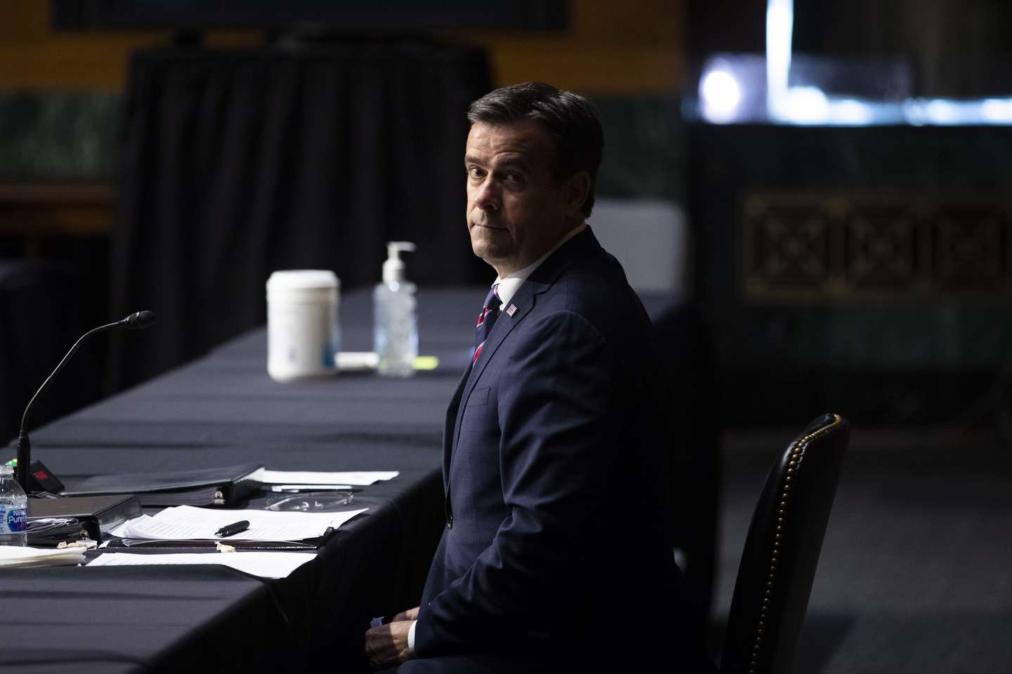 epaselect epa08402864 John Ratcliffe sits after arriving to attend the Senate Select Committee on Intelligence hearing on his nomination to be the Director of National Intelligence, on Capitol Hill in Washington, DC, USA, 05 May 2020. The Republican-led Senate returned to session this week, despite strong criticism from Democrats who say the ongoing coronavirus COVID-19 pandemic makes convening unsafe. The Senate is scheduled to meet regarding confirmations and to hold hearings, while the House of Representatives extended recess until 11 May.  EPA/MICHAEL REYNOLDS