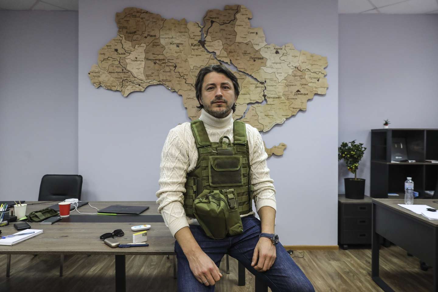 Picture dated 15 March 2022 of Serhiy Prytula, an Ukrainian politician and former actor who is running a logistics hub to support the country's armed forces, Kyiv, Ukraine, 16 March 2022. Ukrainian civilians work around the clock to supply clothes, medicines, sleeping bags, mattresses, body armors, helmets, drones walkie-talkie and other electrical equipments for the Territorial Defense Forces, as Russia's attack on Ukraine continues. MIGUEL A. LOPES/LUSA