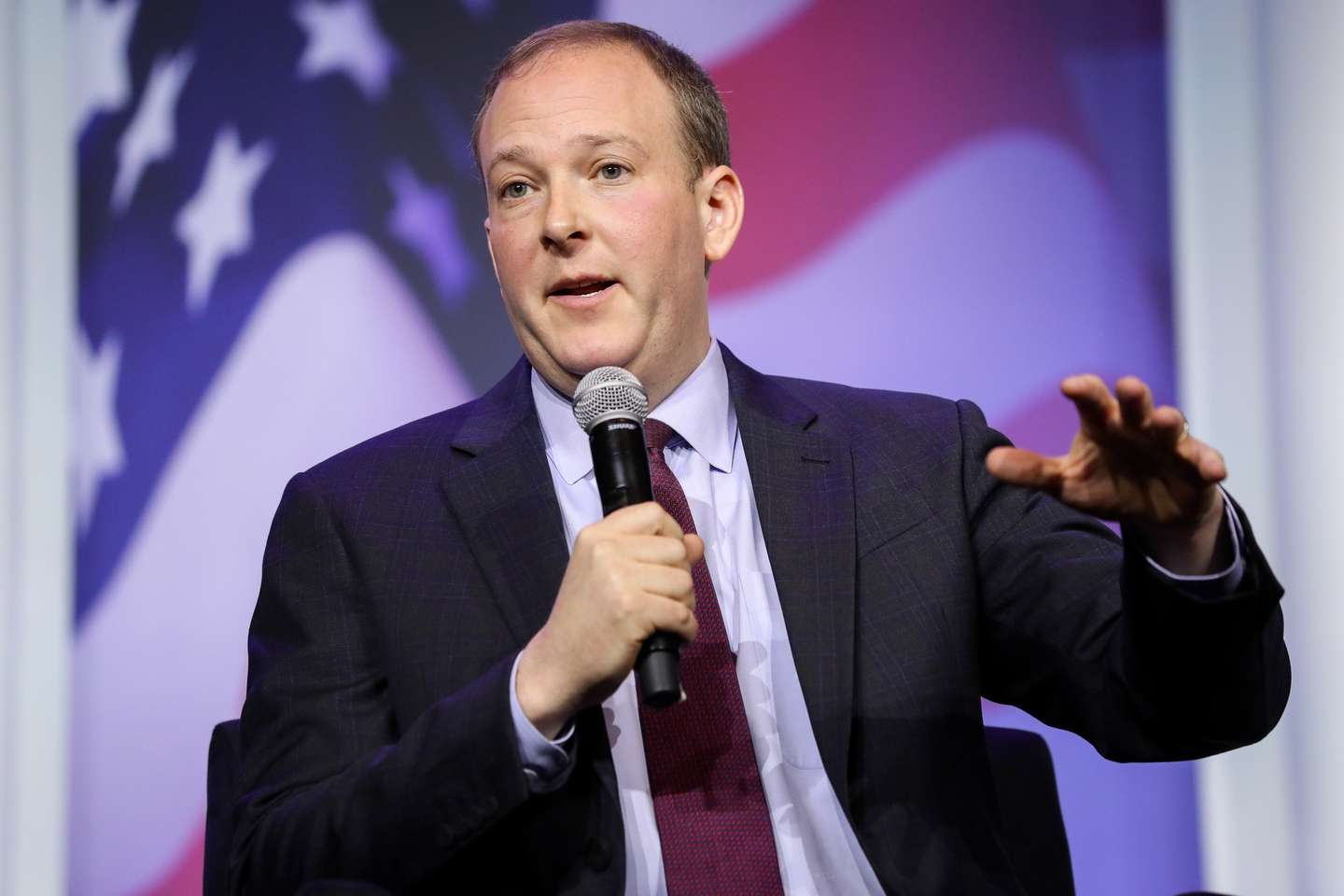 epa09568662 Republican Representative Lee Zeldin from New York attends a panel during the 2021 Republican Jewish Coalition National Leadership Meeting at the Venetian hotel and casino in Las Vegas, Nevada, USA, 06 November 2021.  EPA/CAROLINE BREHMAN