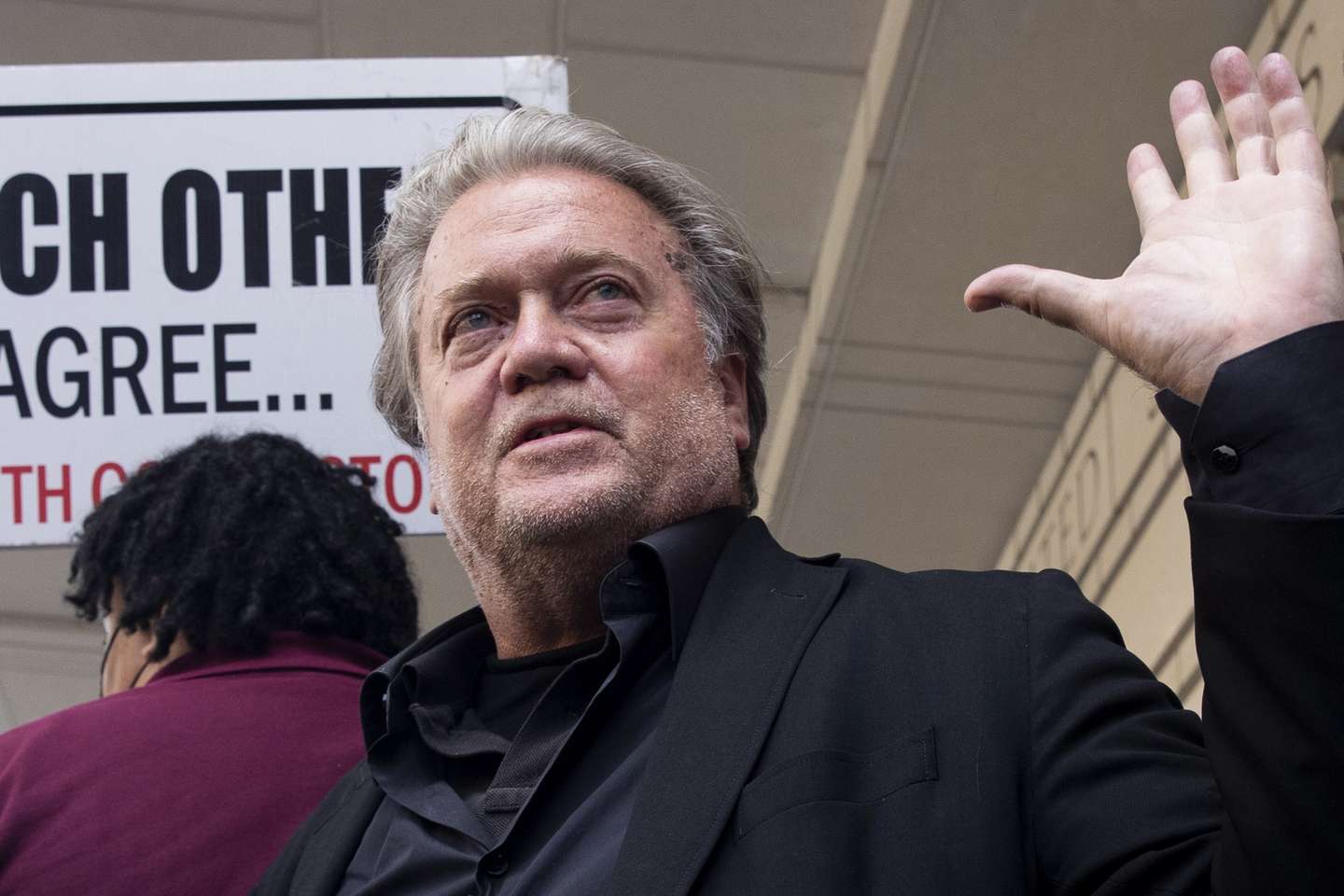 epa10086943 Former White House Chief Strategist in the Trump administration Steven Bannon delivers remarks to members of the news media after being found guilty in his contempt of Congress trial at the E. Barrett Prettyman Federal Courthouse in Washington, DC, USA, 22 July 2022. Bannon was found guilty on two criminal charges related to his failure to comply with a subpoena from the House Select Committee to Investigate the January 6 Attack on the Capitol.  EPA/MICHAEL REYNOLDS
