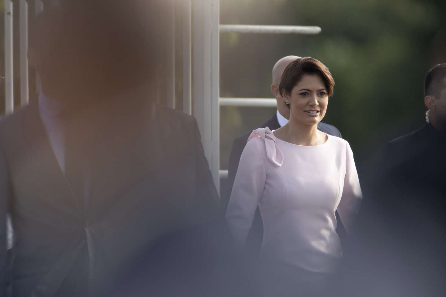 epa09810340 Brazil's first lady Michelle Bolsonaro is seen after a ceremony to raise the national flag in honor of International Women's Day, at the Palacio da Alvorada in the city of Brasilia, Brazil, 08 March 2022. The first lady mentioned in a brief speech that her husband is 'the most rosy president in the world.'  EPA/Joedson Alves