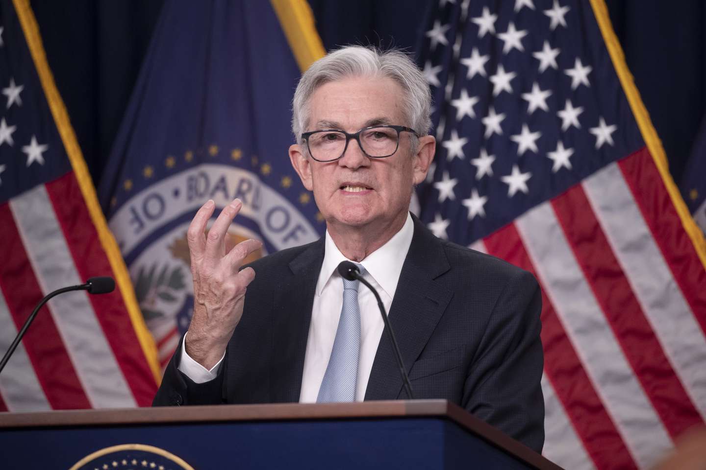 epa10282169 Chair of the Federal Reserve Jerome Powell holds a news conference following the Federal Open Market Committee meeting, in Washington, DC, USA, 02 November 2022. The Federal Reserve raised its benchmark interest rate by three-quarters of a point for a fourth straight time.  EPA/MICHAEL REYNOLDS