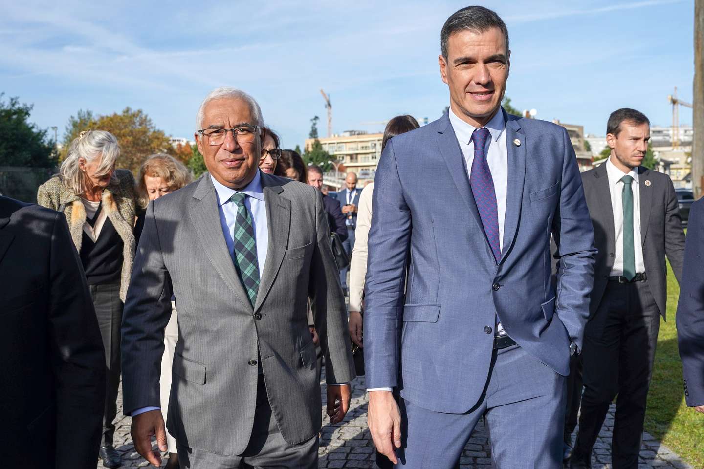 Spain's Prime Minister Pedro Sanchez (R) and Portugal's Prime Minister Antonio Costa (L) upon arrival for the XXXIII Portuguese-Spanish Summit at the International Iberian Nanotechnology Center (INL) in Braga, Portugal, 05 November 2022. HUGO DELGADO/LUSA