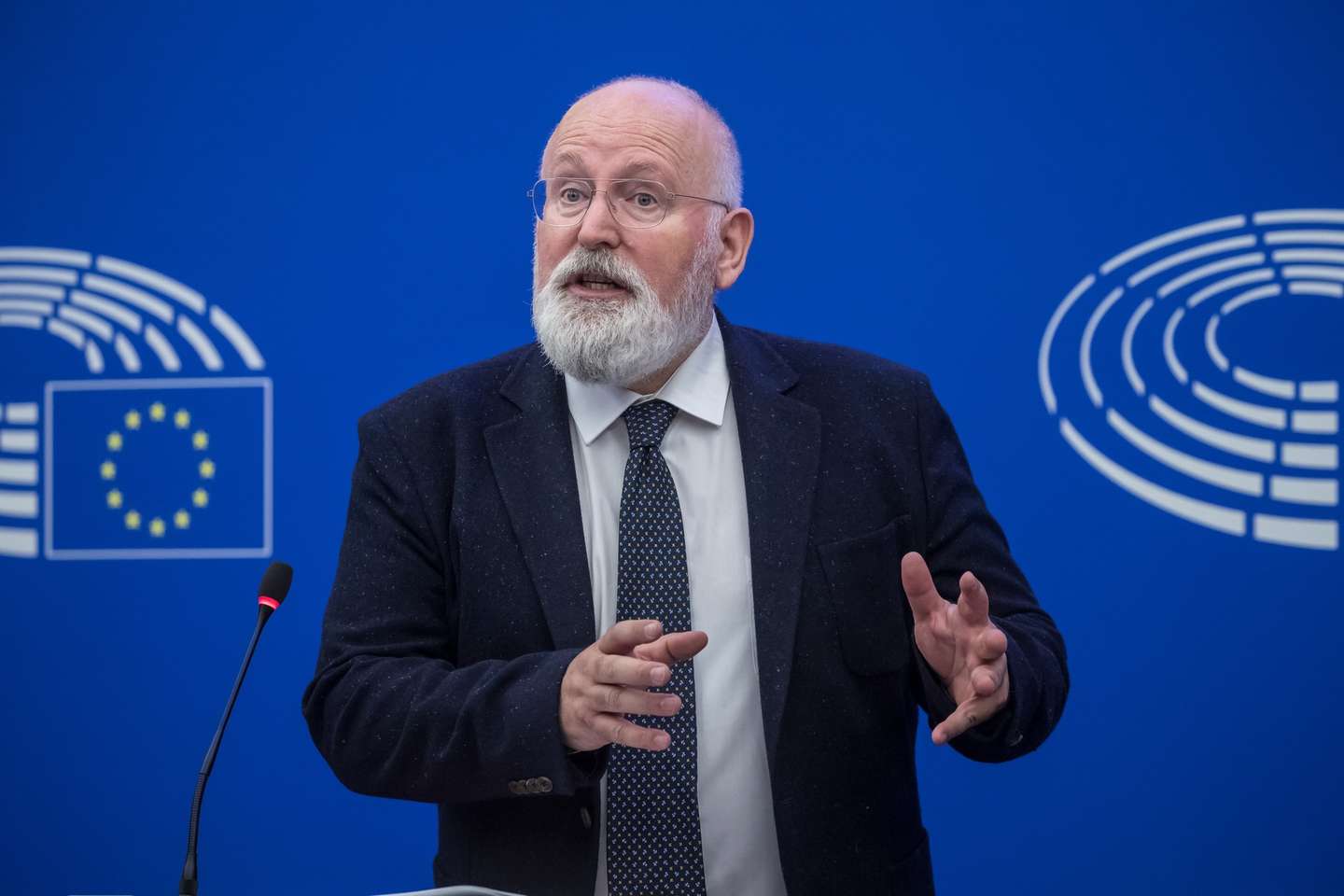 epa10183528 European Commission Vice-President Frans Timmermans addresses a press conference on energy high prices, at the European Parliament in Strasbourg, France, 14 September 2022. The press conference was held following the State of the Union address during which the European Commission proposed an emergency market intervention to tackle the dramatic price rises mainly caused by a severe mismatch between energy demand and supply, largely due to Russia’s reaction to international sanctions.  EPA/CHRISTOPHE PETIT TESSON