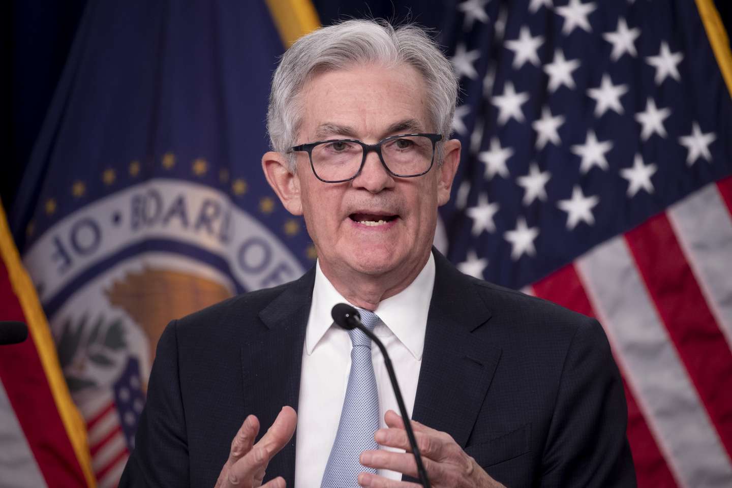 epa10282168 Chair of the Federal Reserve Jerome Powell holds a news conference following the Federal Open Market Committee meeting, in Washington, DC, USA, 02 November 2022. The Federal Reserve raised its benchmark interest rate by three-quarters of a point for a fourth straight time.  EPA/MICHAEL REYNOLDS