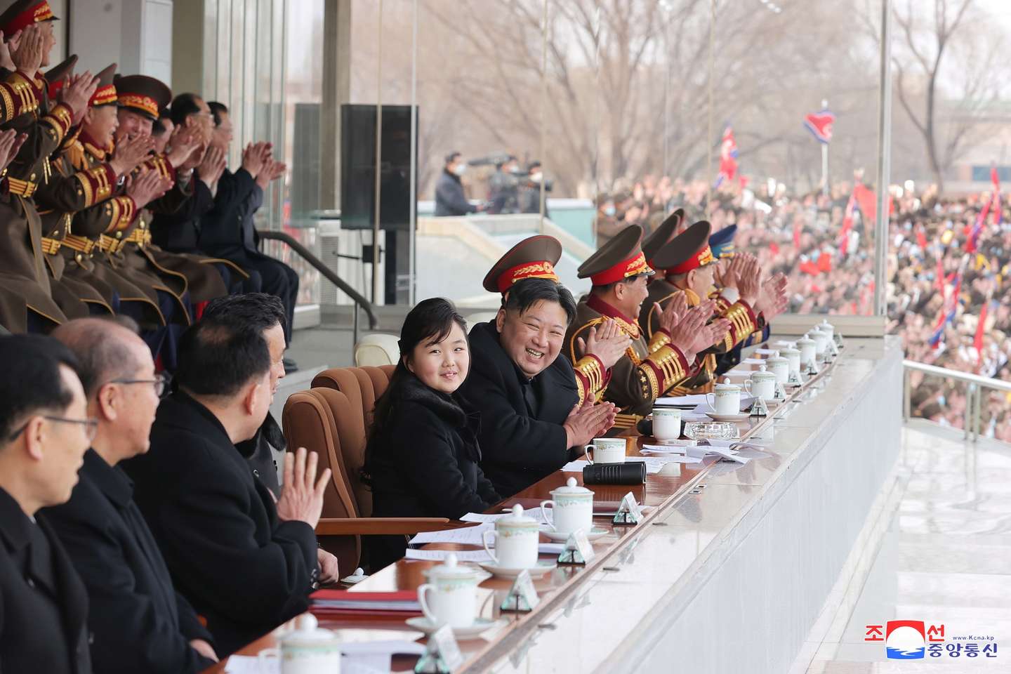 epa10474067 A photo released by the official North Korean Central News Agency (KCNA) shows North Korean Supreme Leader Kim Jong-un (C) and his daughter Kim Jue-ae (C-L) watching sports games between staffs of the Cabinet and the Ministry of National Defence in Pyongyang, North Korea, 17 February 2023 (issued 18 February 2023). The games were held in celebration of the Day of the Shining Star, the birth anniversary of former North Korean leader Kim Jong-il.  EPA/KCNA   EDITORIAL USE ONLY