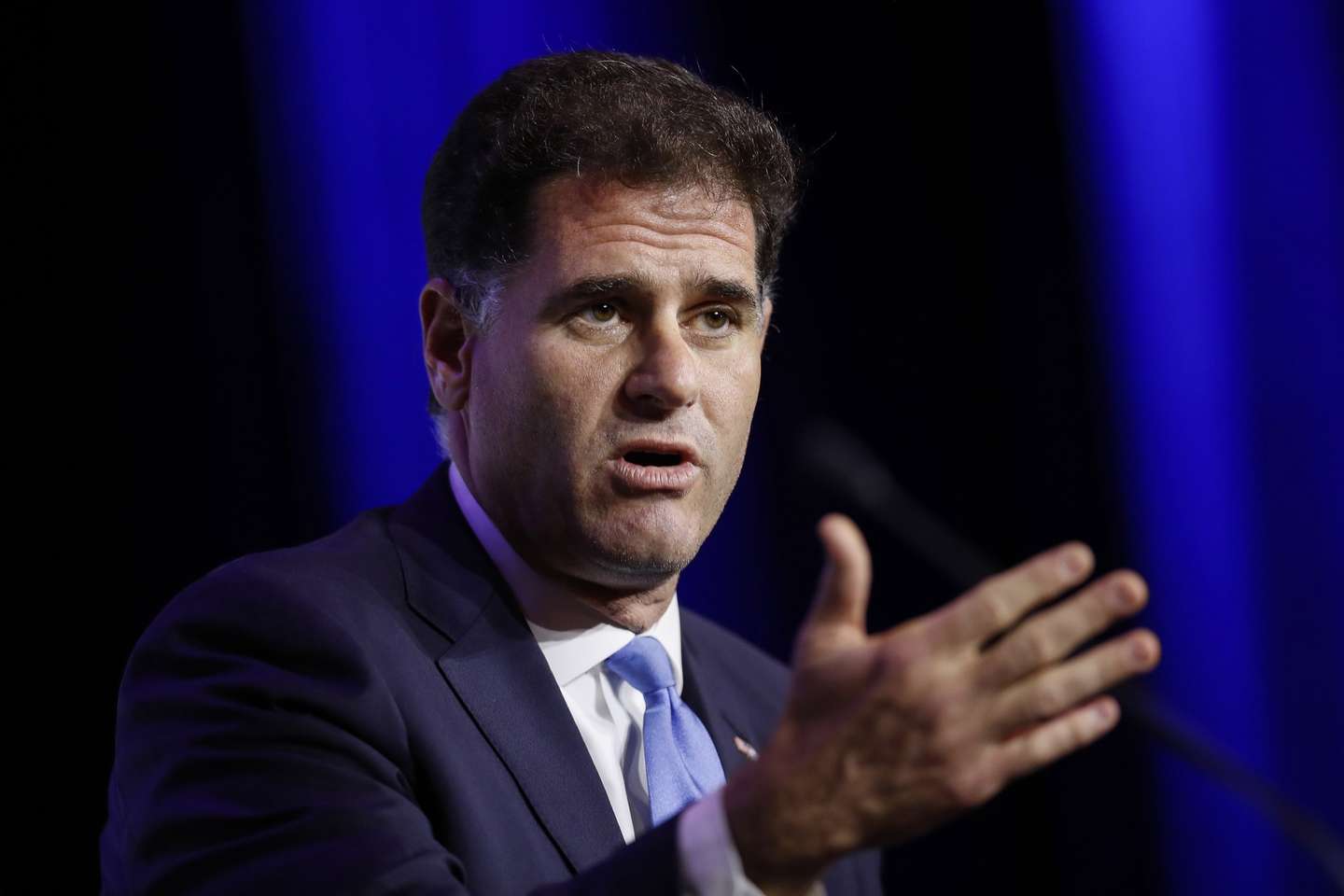 epa09568595 Ron Dermer, former Israeli Ambassador to the US, speaks during a panel at the 2021 Republican Jewish Coalition National Leadership Meeting at the Venetian hotel and casino in Las Vegas, Nevada, USA, 06 November 2021.  EPA/CAROLINE BREHMAN