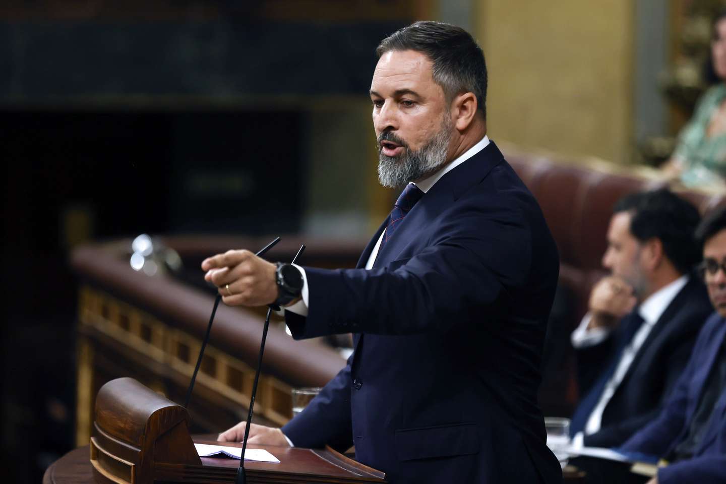 epa10889522 Spanish far-right Vox party's leader Santiago Abascal delivers a speech at the Congress of Deputies in Madrid, Spain, 29 September 2023. Spanish lawmakers are voting for second time the investiture's bid of conservative candidate Alberto Nunez Feijoo in a session at Congress of Deputies. Feijoo only needs to win the vote by a simple majority to become the new Prime Minister after he did not achieve enough support in first vote, held on 27 September, when he needed an absolute majority. In case he loses the vote, acting Prime Minister Pedro Sanchez is expected to be assigned by king to try to form a new Government and will have two months to get support of enough lawmakers to avoid a new general election.  EPA/Juan Carlos Hidalgo